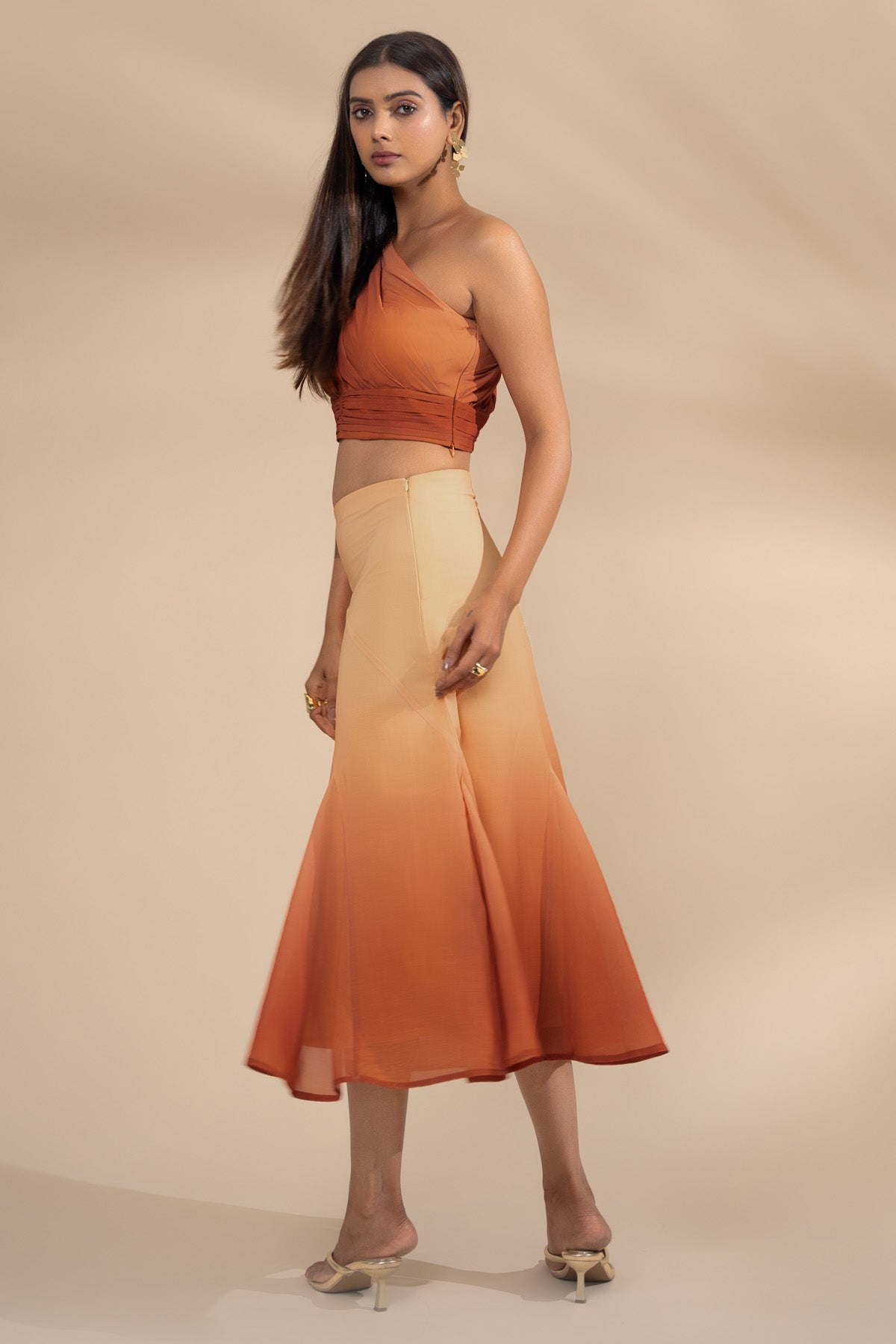 Orange One Shoulder Skirt Set