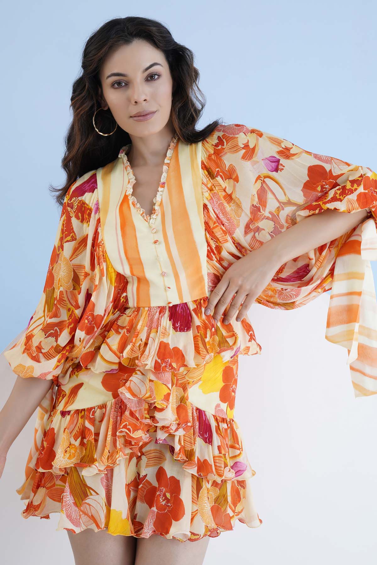 Orange Print Short Tiered Dress