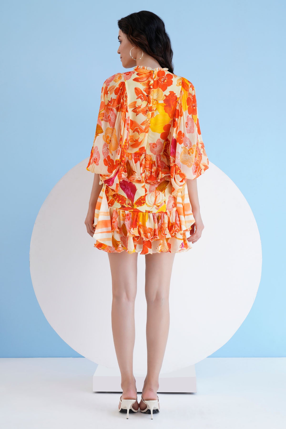 Orange Print Short Tiered Dress