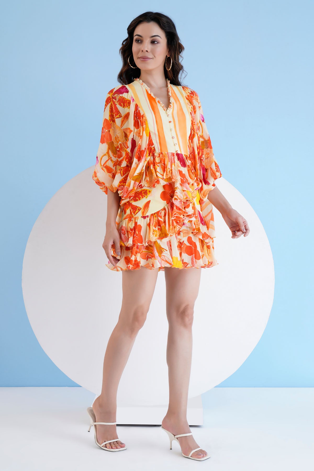 Orange Print Short Tiered Dress