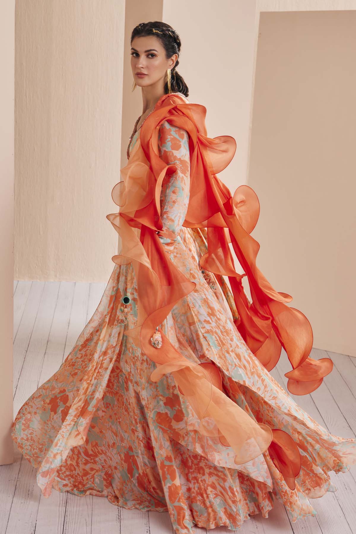 Orange Printed Chiffon Lehenga Set