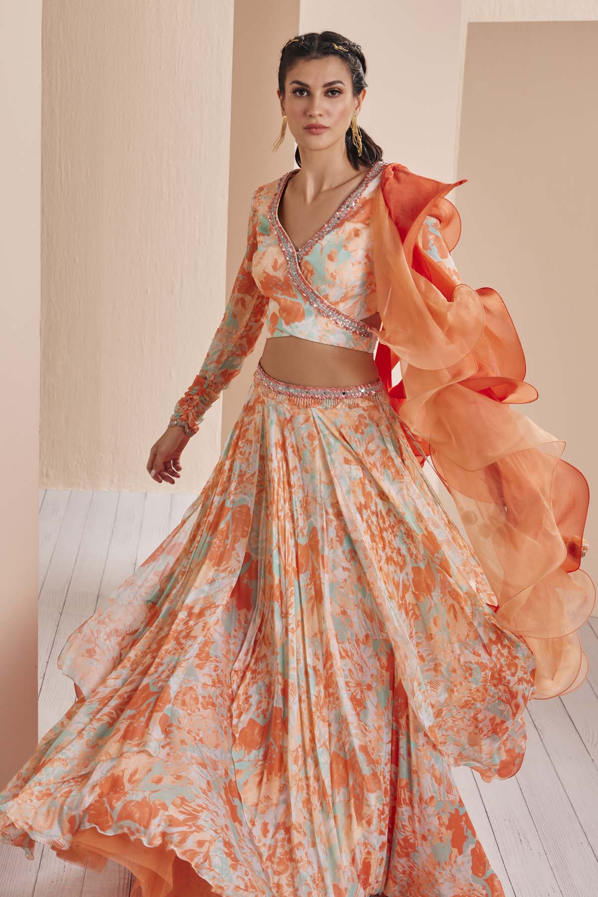 Orange Printed Chiffon Lehenga Set