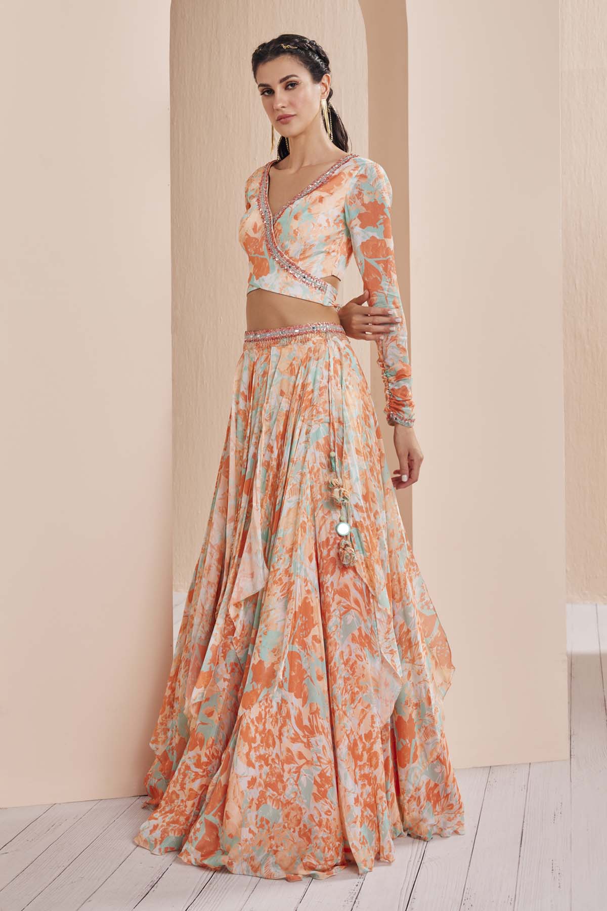 Orange Printed Chiffon Lehenga Set
