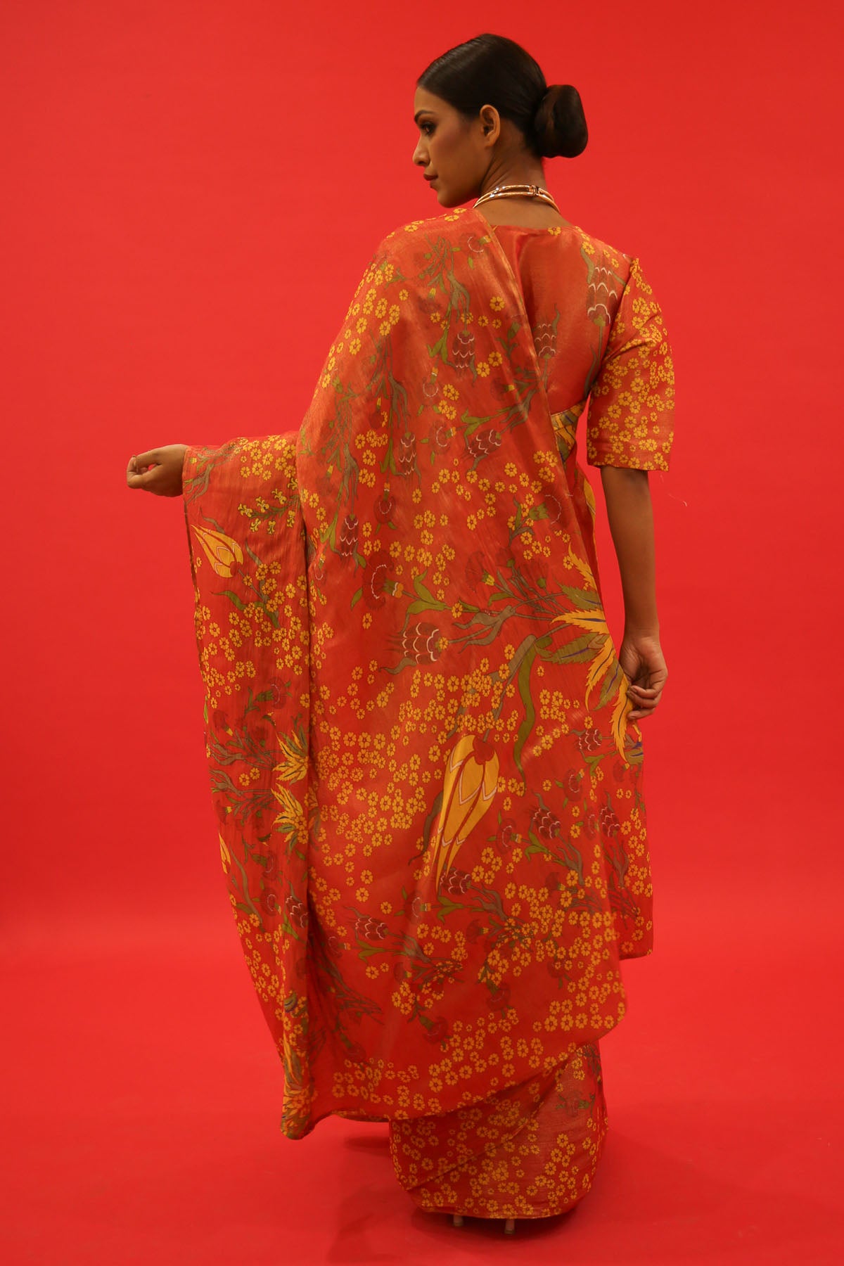 Orange Tissue Surmayi Print Saree Set
