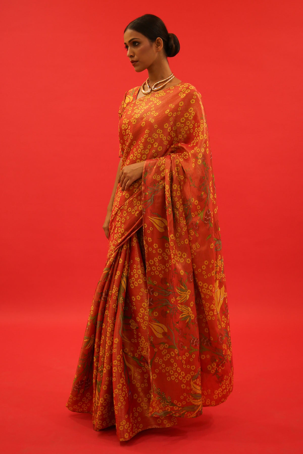 Orange Tissue Surmayi Print Saree Set