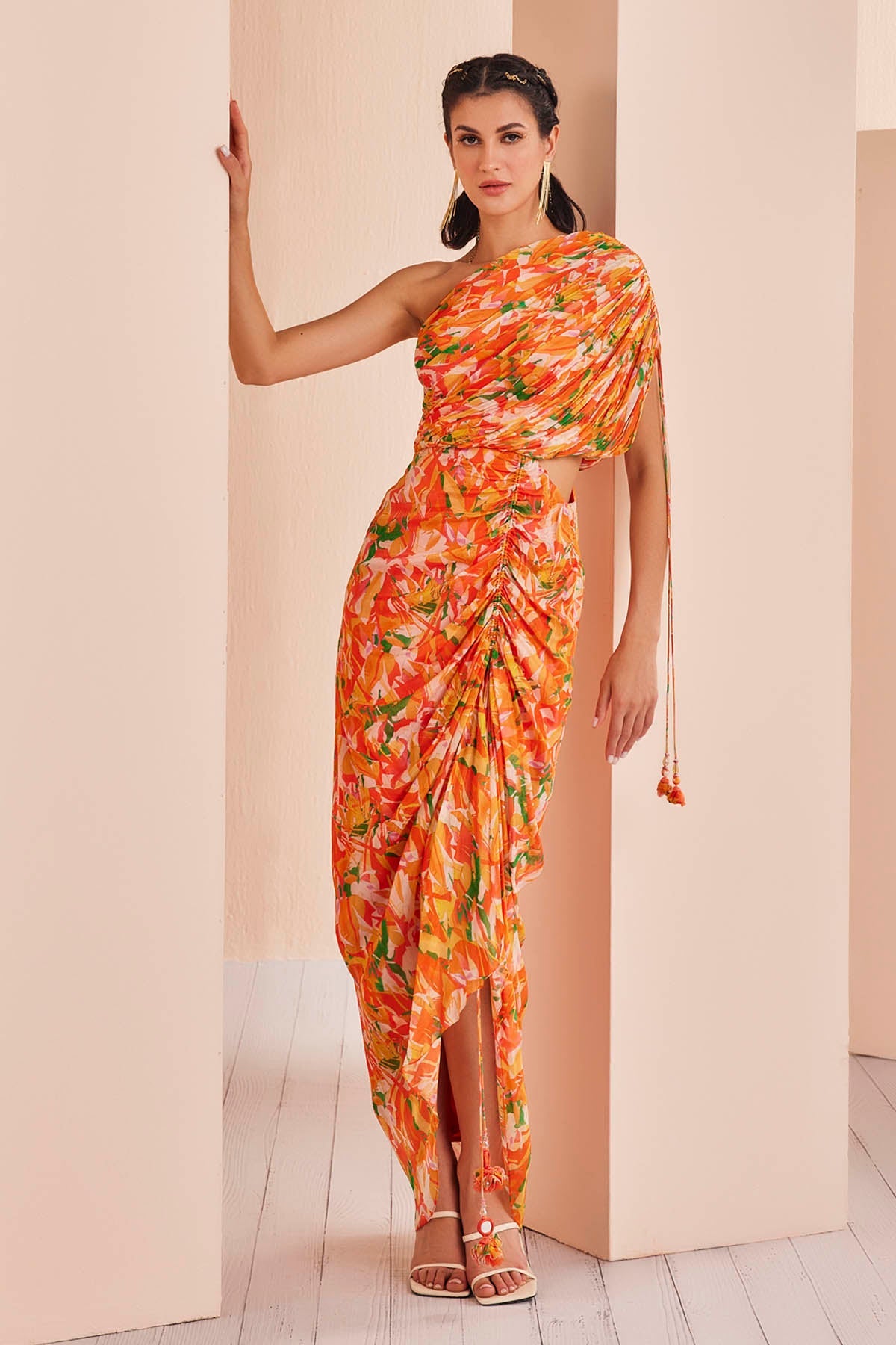 Buy Orange Abstract Print Ruched Dress by Mandira Wirk