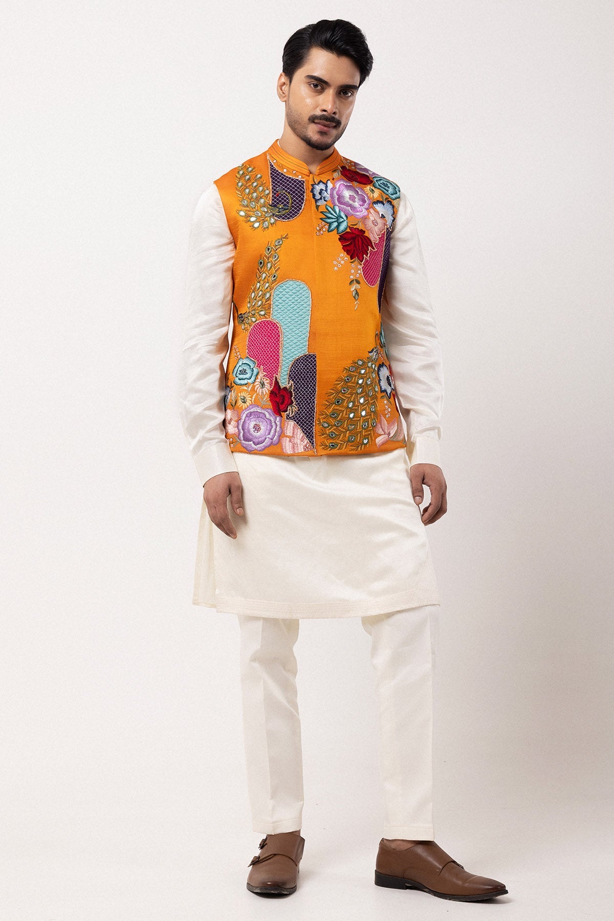 Buy Orange And Ivory Aari Kurtas for men by Paarsh Atelier online available at scrollnshops