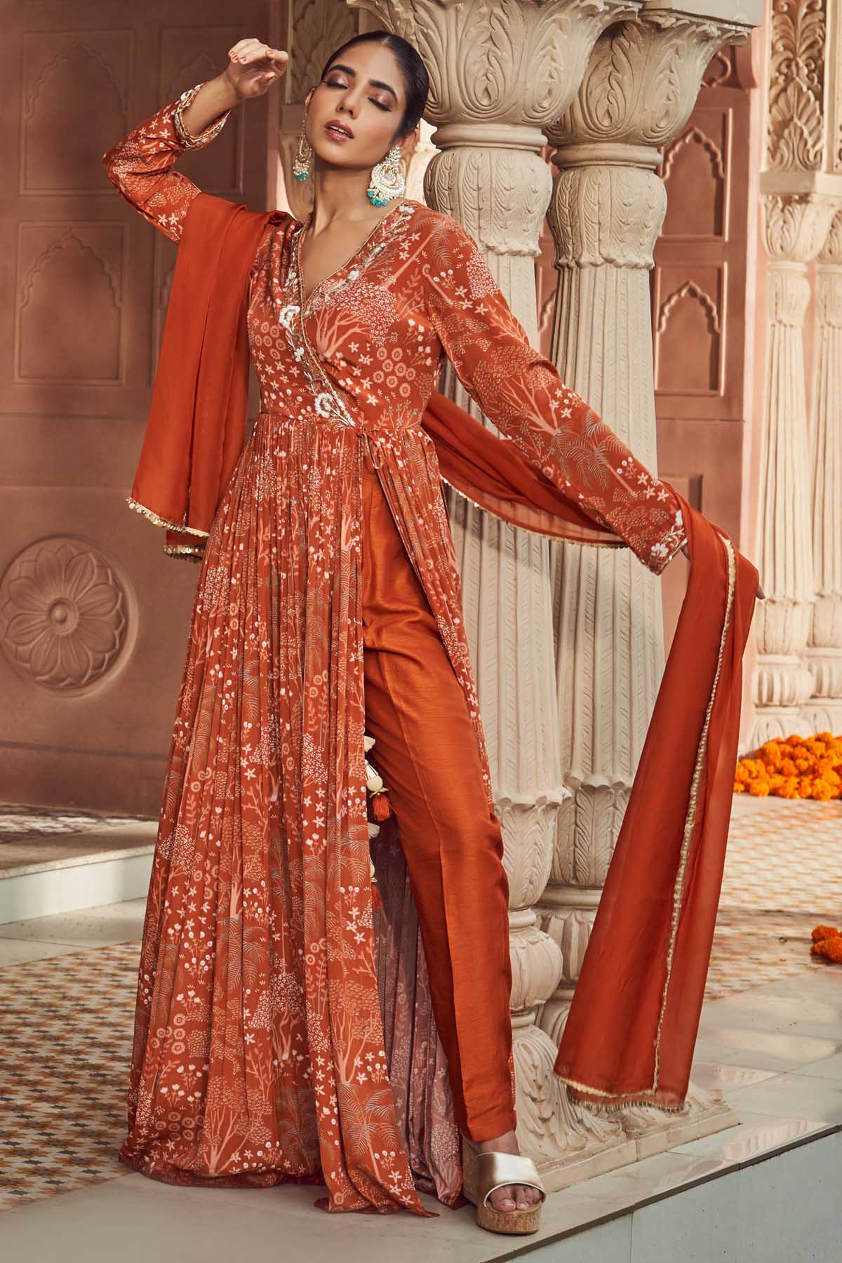 Orange Angrakha Anarkali Set
