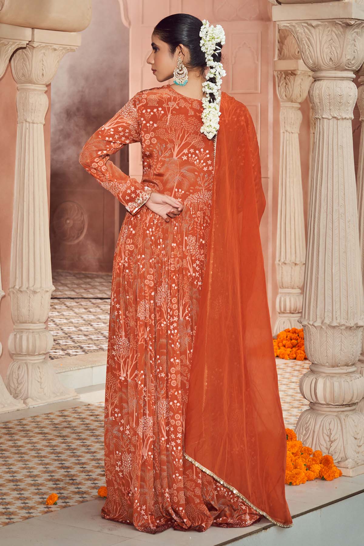 Orange Angrakha Anarkali Set
