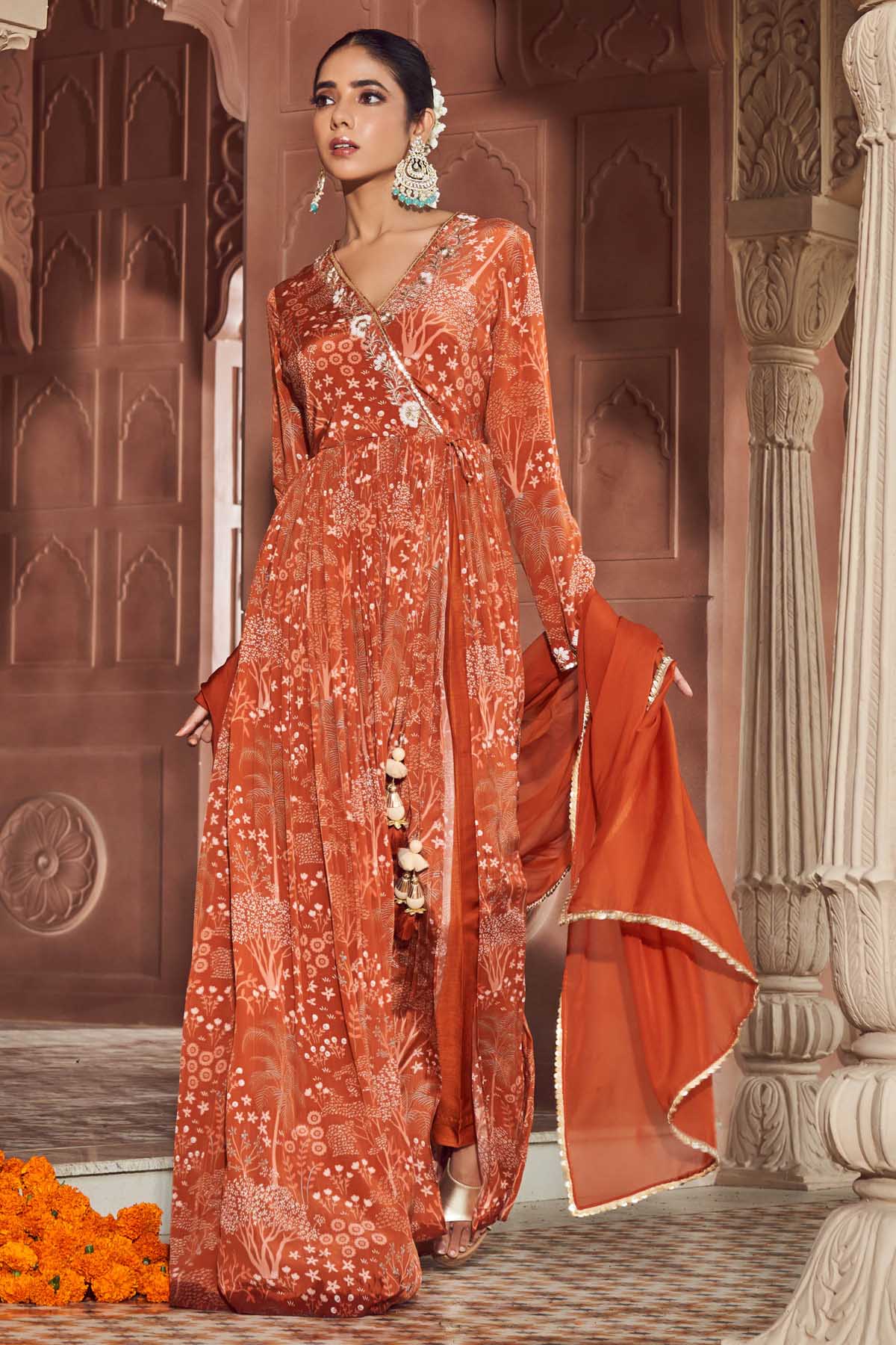 Orange Angrakha Anarkali Set