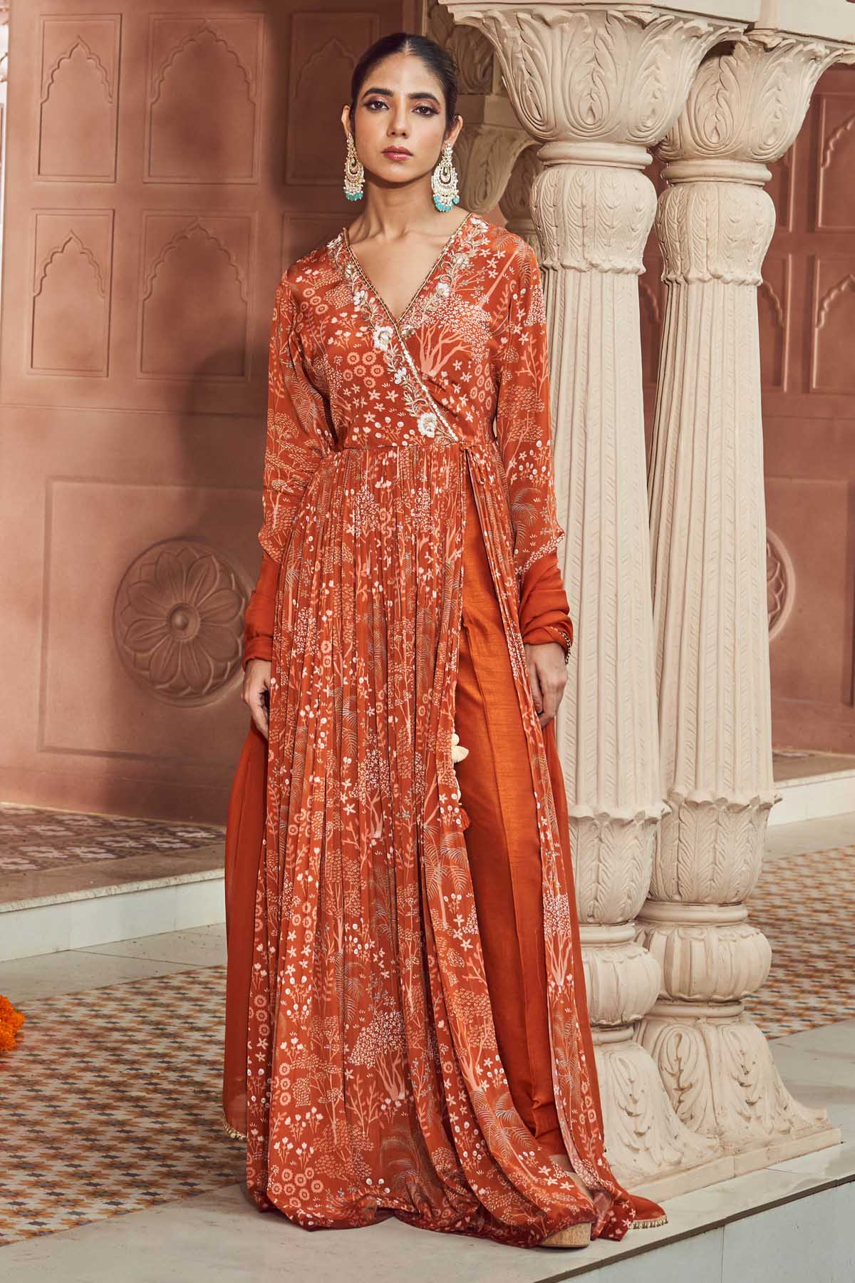 Megha Pitti Orange Angrakha Anarkali Set for women online at ScrollnShops