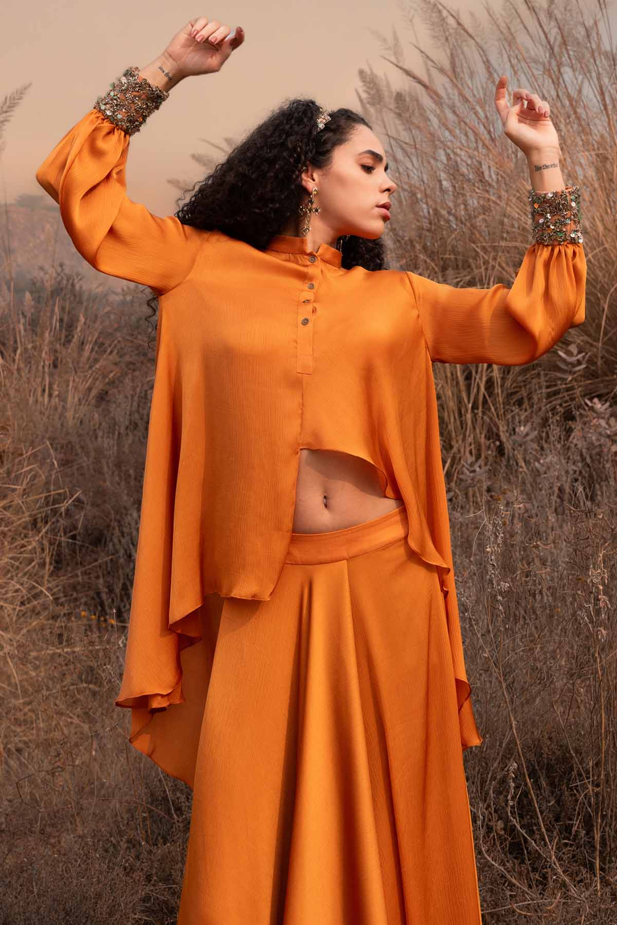 Orange Asymmetrical Skirt Set