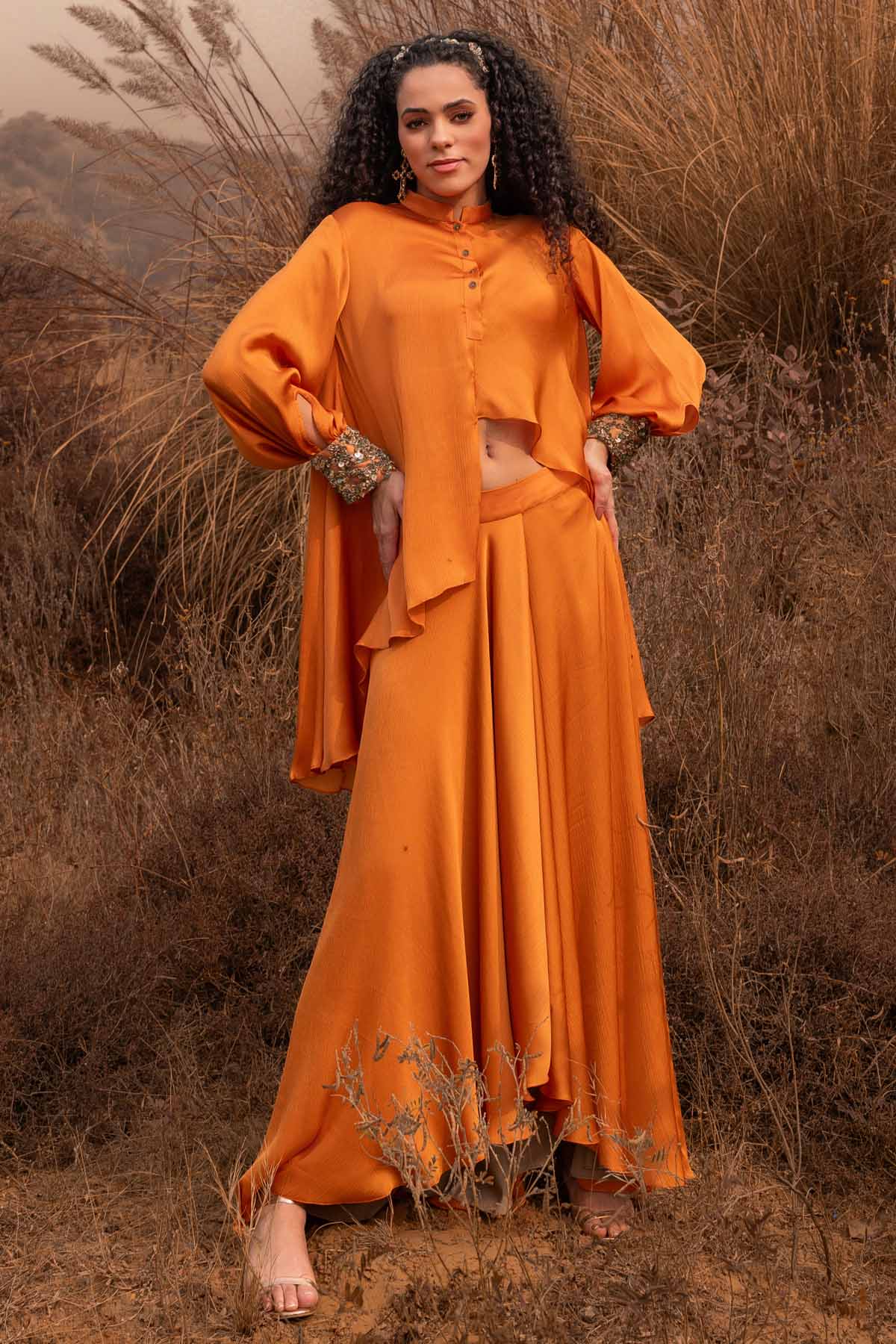 Kaprapan Orange Asymmetrical Skirt Set for women online at ScrollnShops