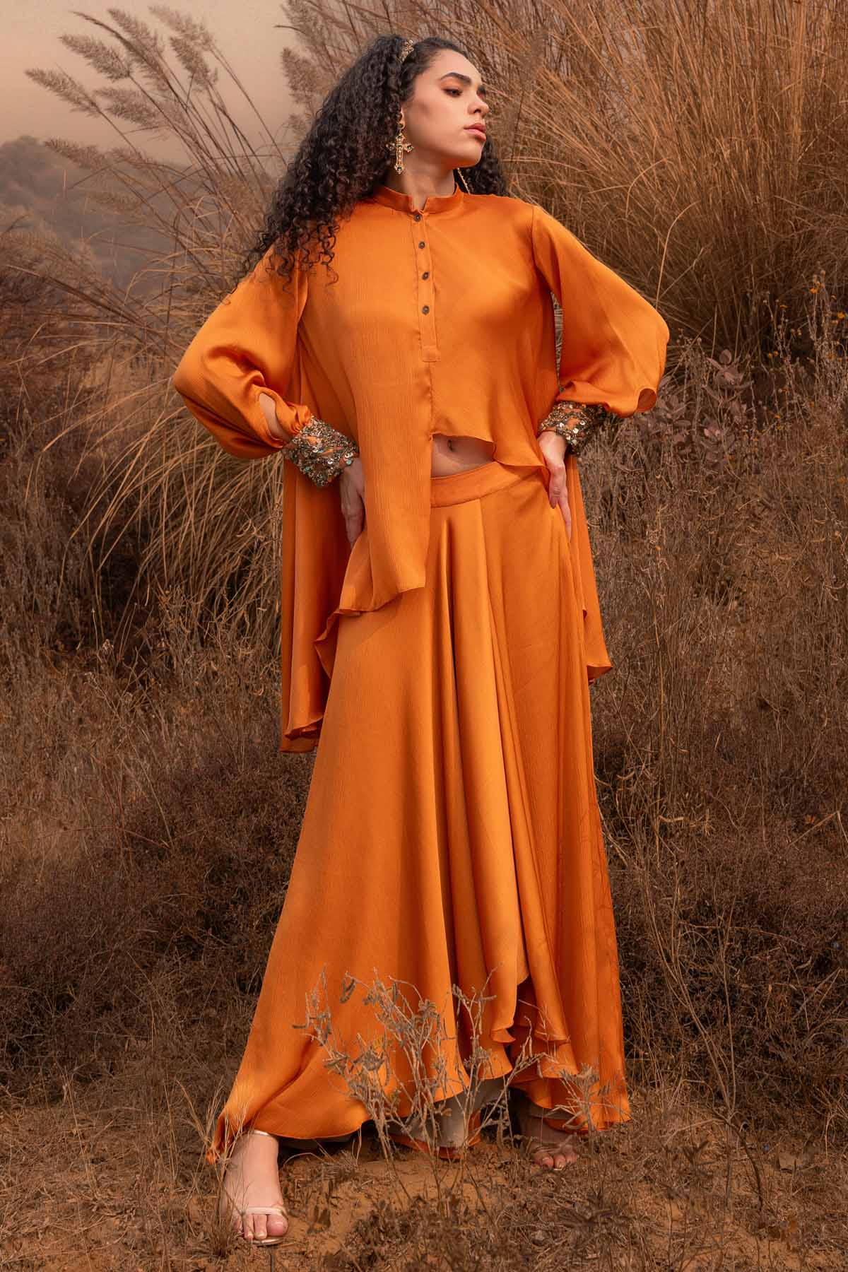 Orange Asymmetrical Skirt Set