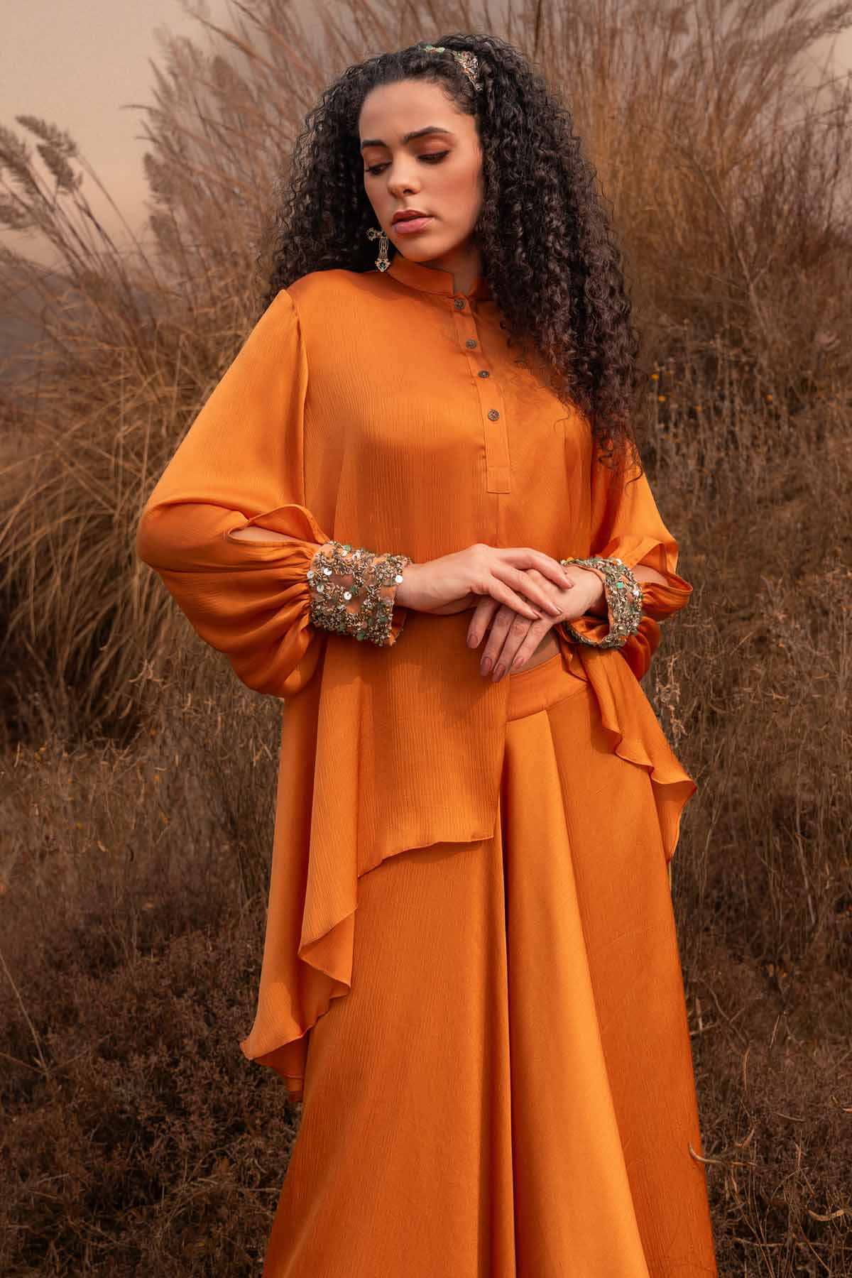 Orange Asymmetrical Skirt Set