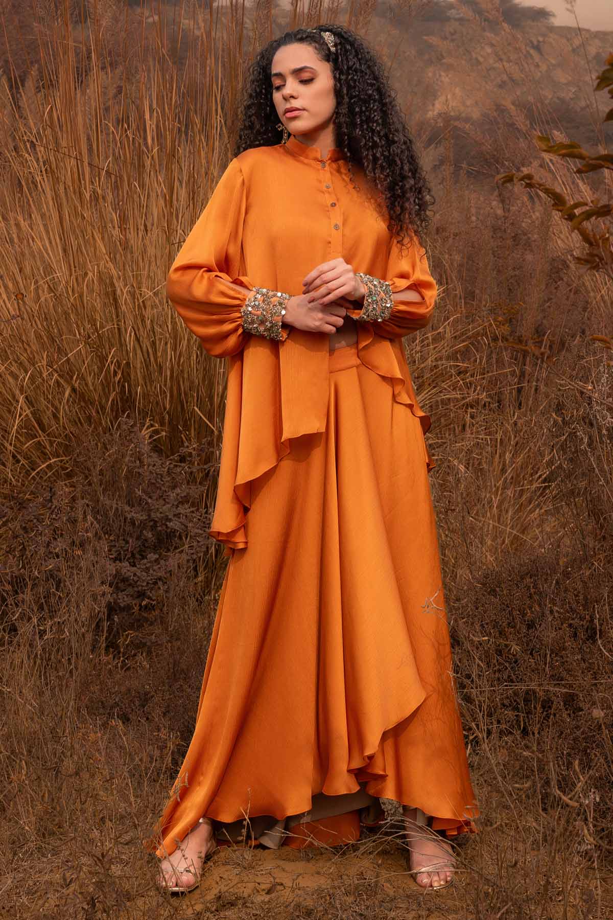 Orange Asymmetrical Skirt Set