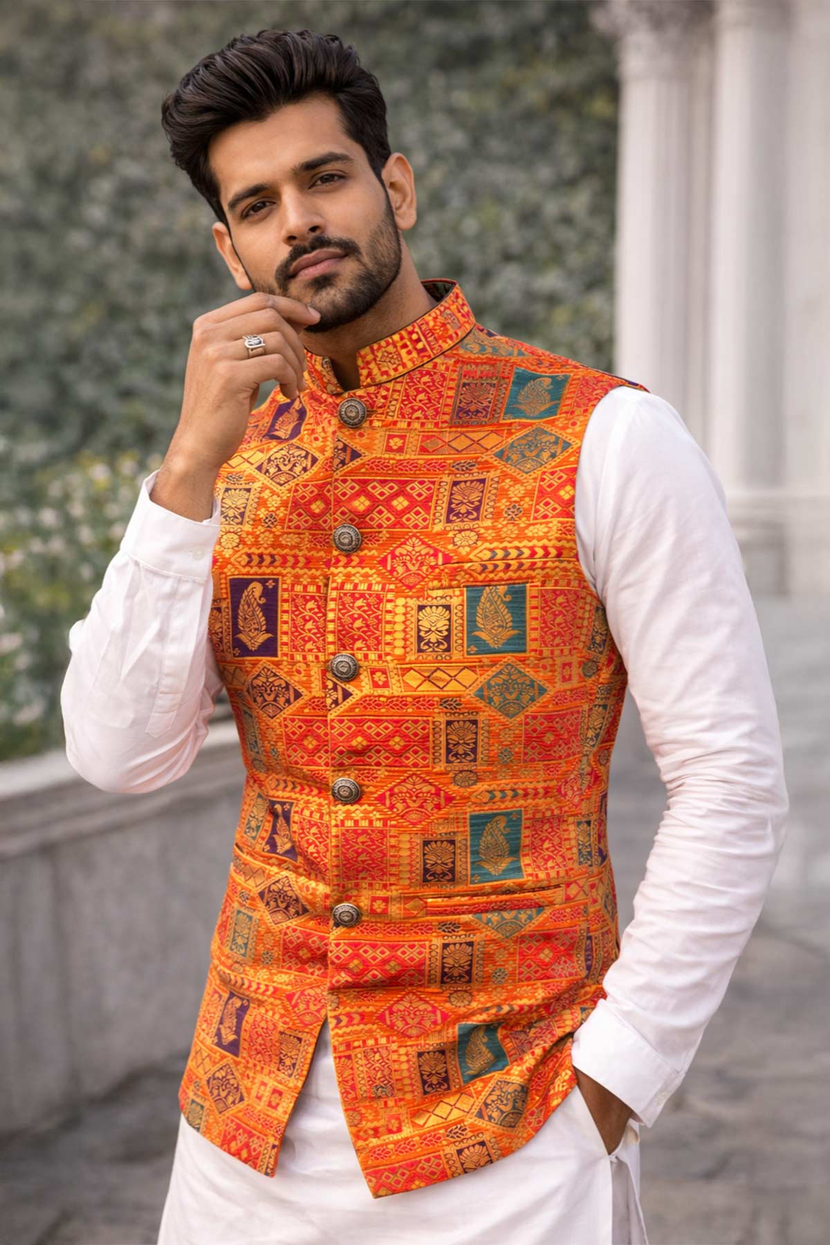 Buy Orange Banarasi Jacquard Bundi for women by Priyanka Jain online available at scrollnshops