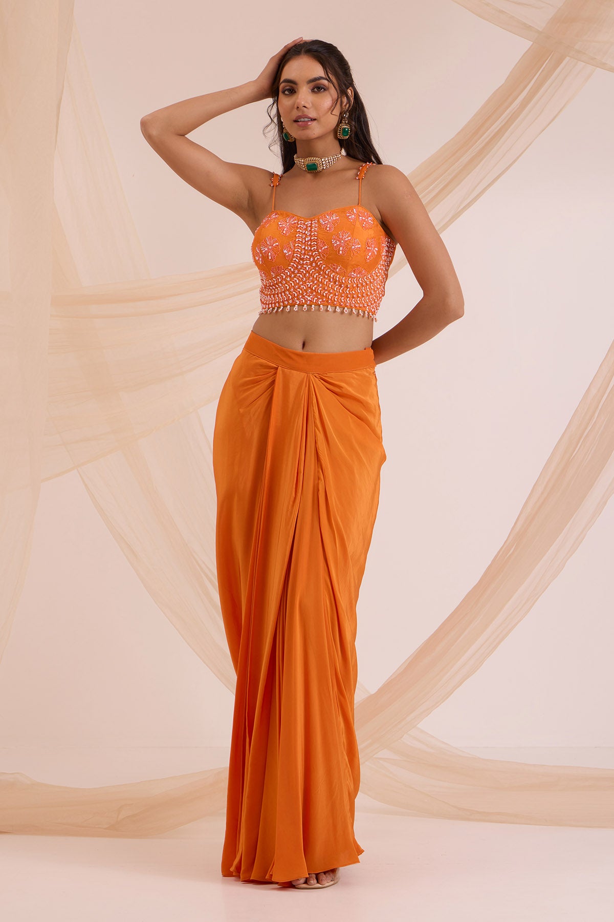 Orange Bead Embroidered Cape Set