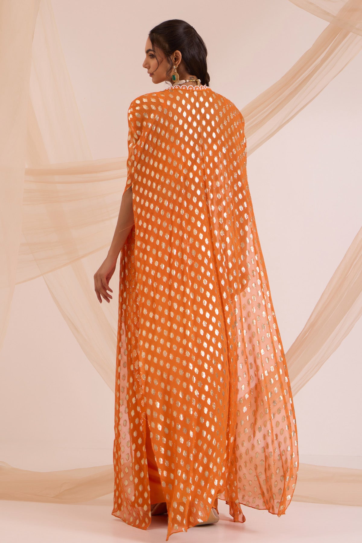 Orange Bead Embroidered Cape Set