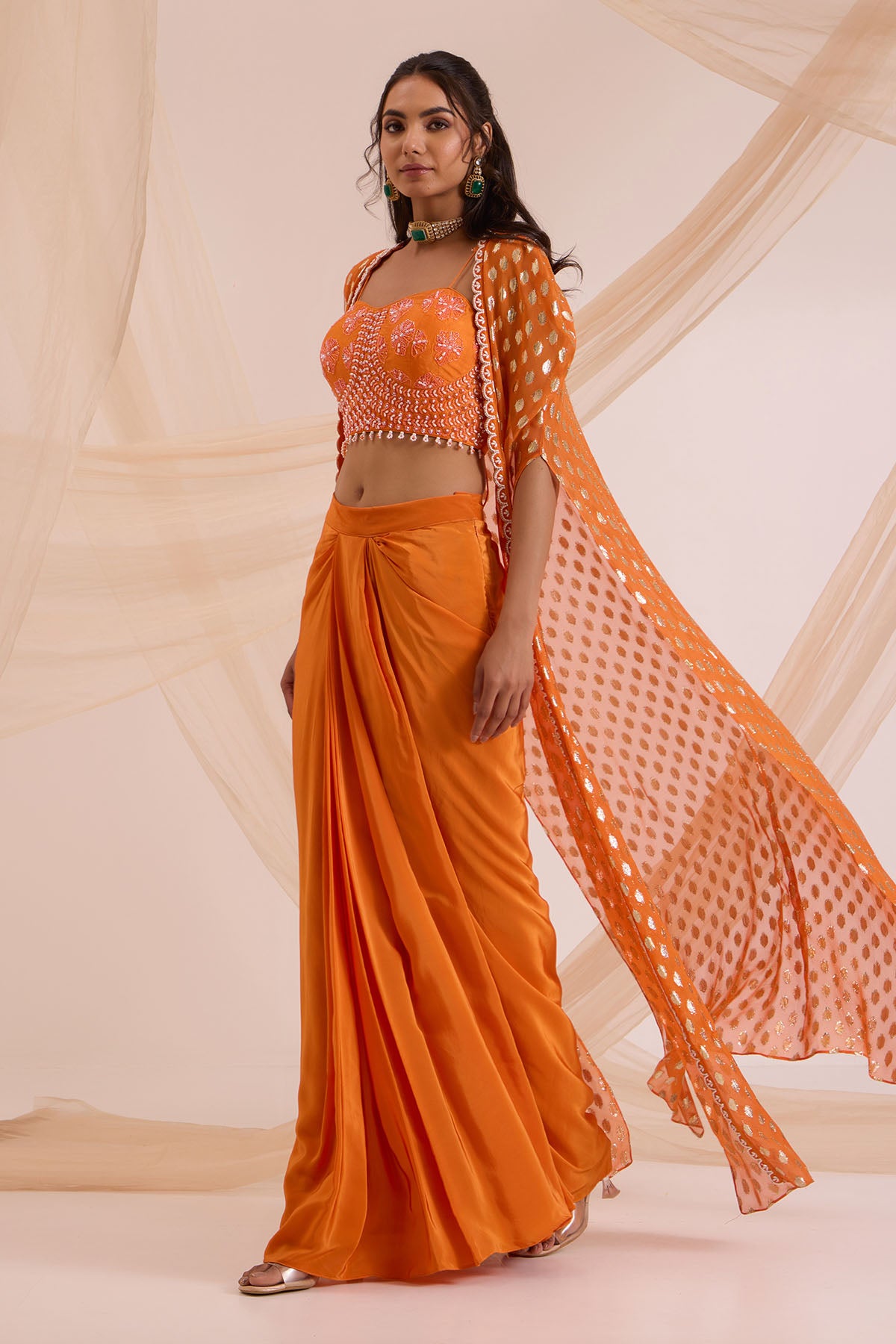 Orange Bead Embroidered Cape Set