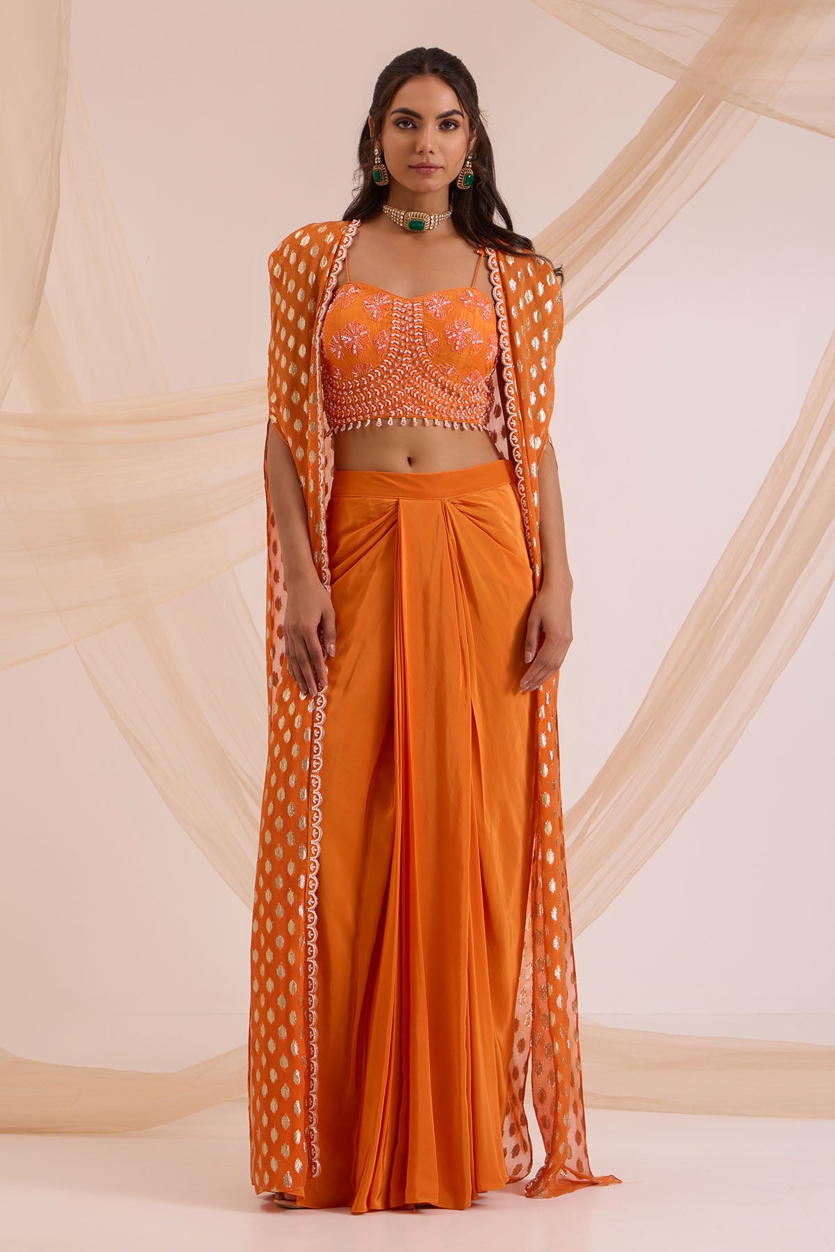 Buy Orange Bead Embroidered Cape Set by Nitisha Kashyap for women online at ScrollnShops