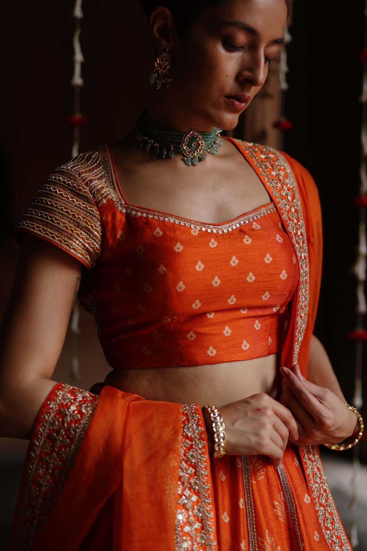 Orange Butti Print Lehenga Set