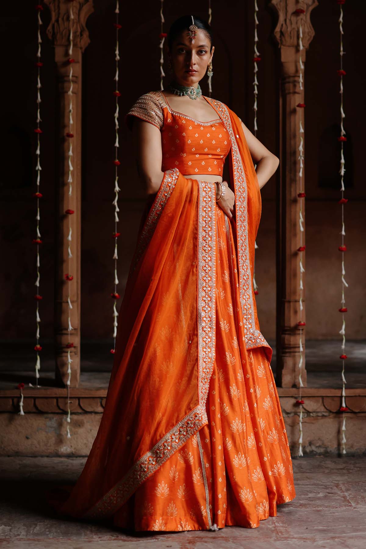 Orange Butti Print Lehenga Set
