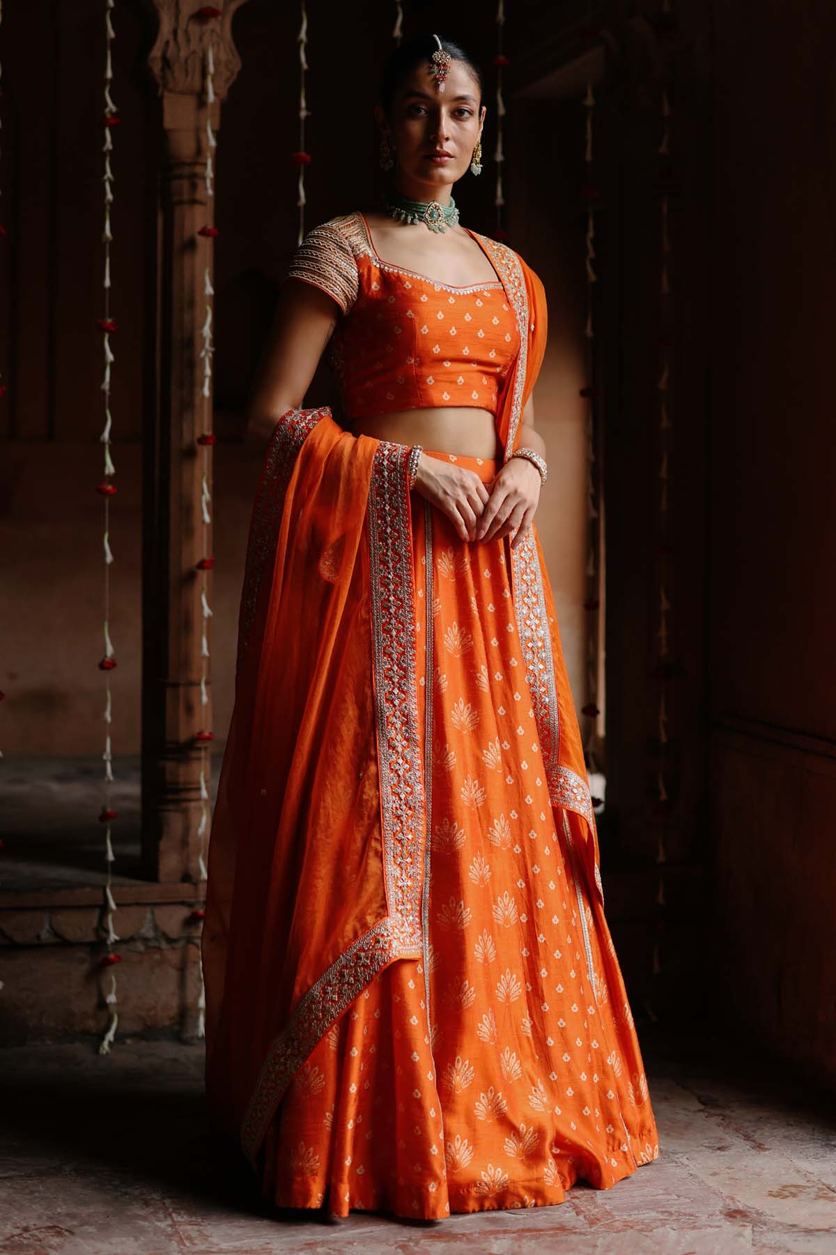 Megha Pitti Orange Butti Print Lehenga Set for women online at ScrollnShops
