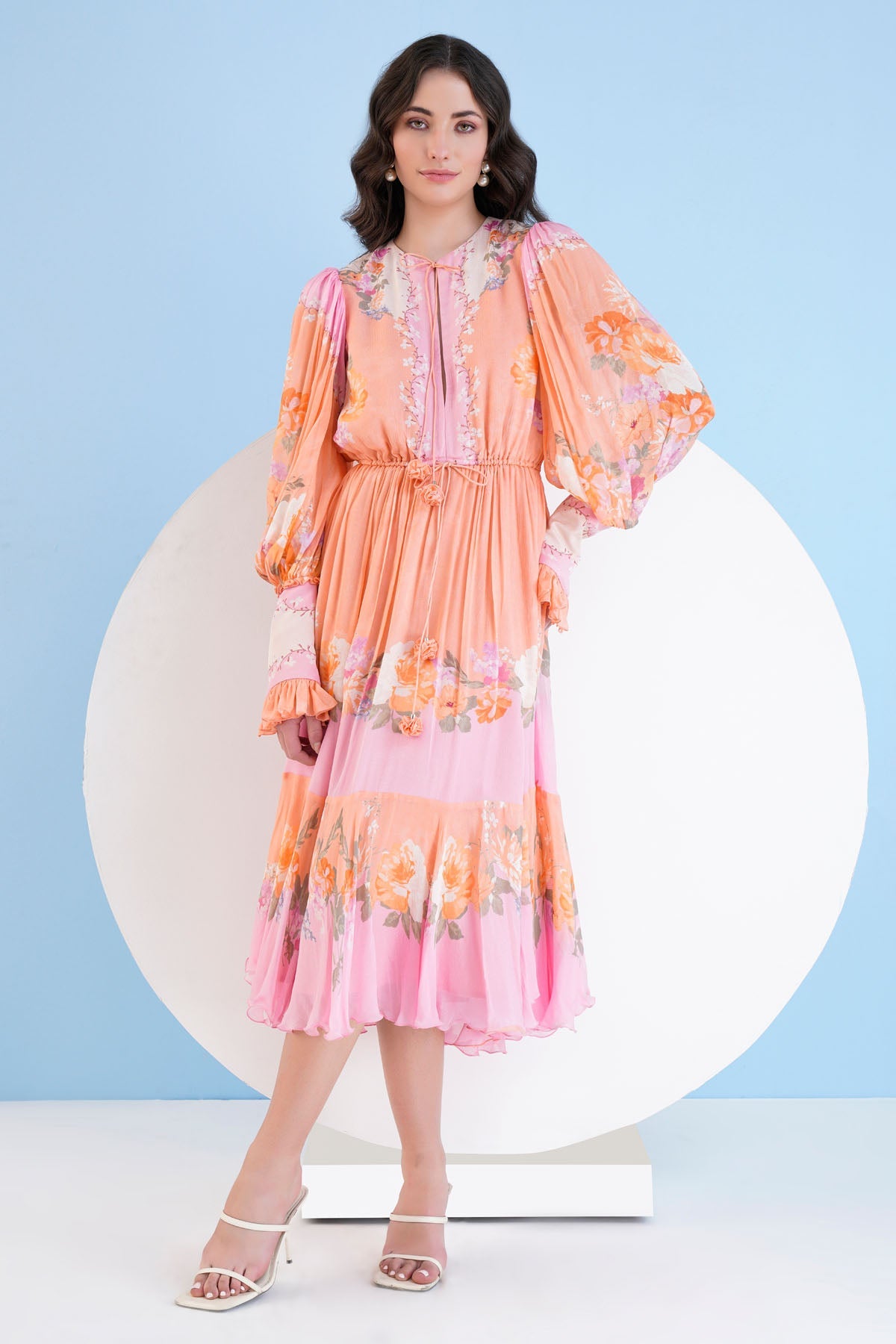 Buy Mandira Wirk Sunshine Soiree: Orange & Pink Chiffon Dress For Women at ScrollnShops