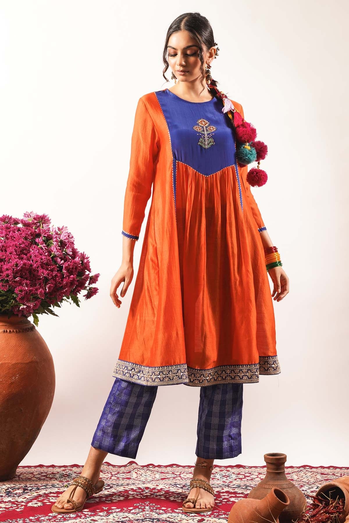 Seharre Orange Chanderi Kurta & Pants for women online at ScrollnShops