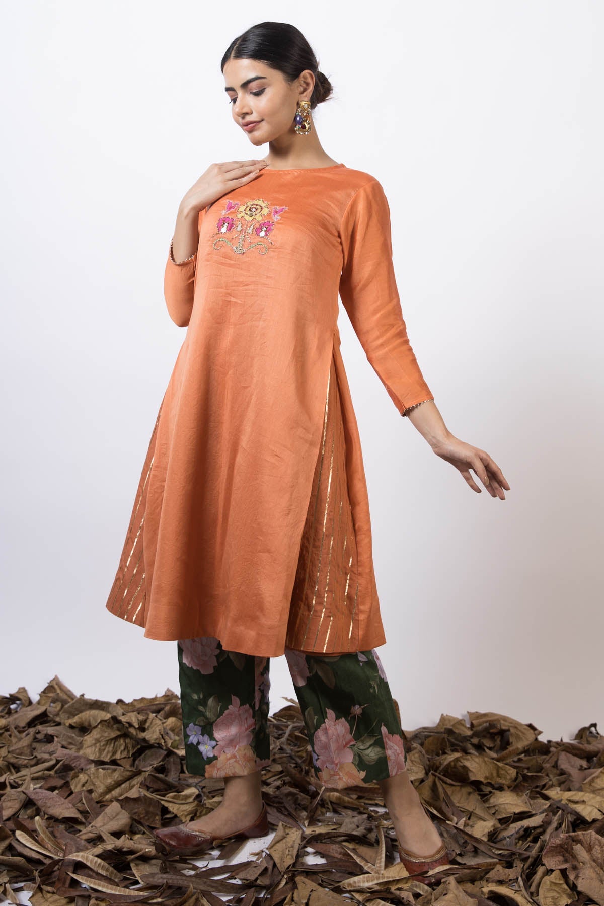 Seharre Orange Chanderi Kurta & Pants for women online at ScrollnShops