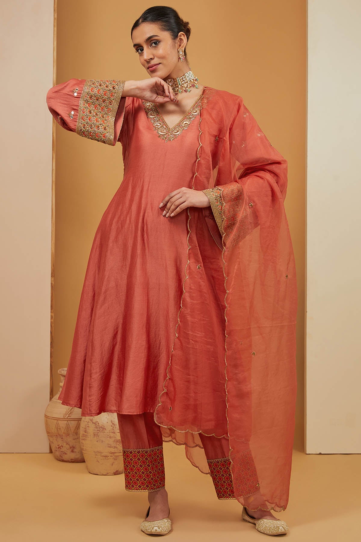 Neha Khullar Orange Chanderi Silk Kurta Set for women online at ScrollnShops