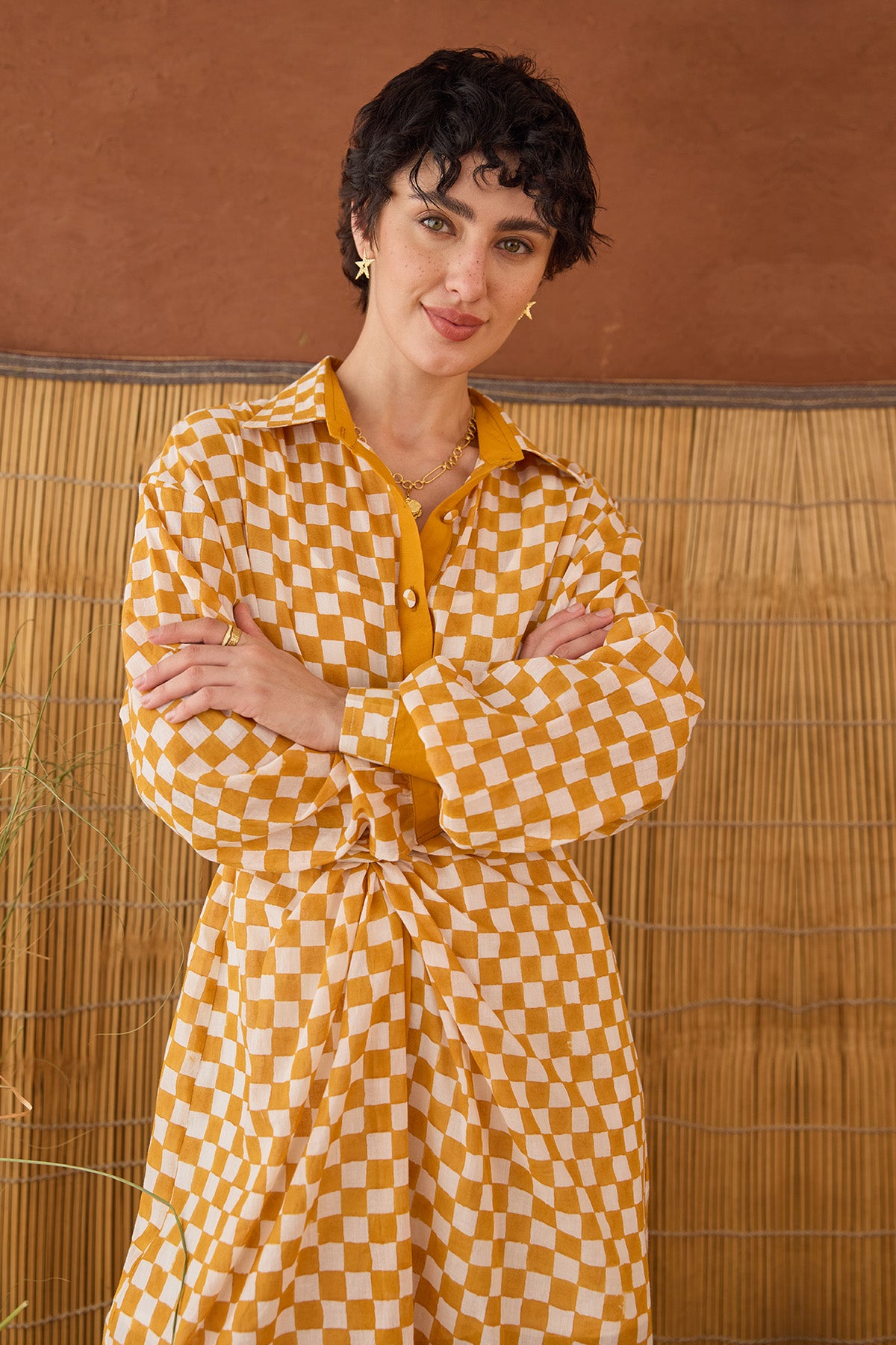 Orange Checks Printed Midi Dress