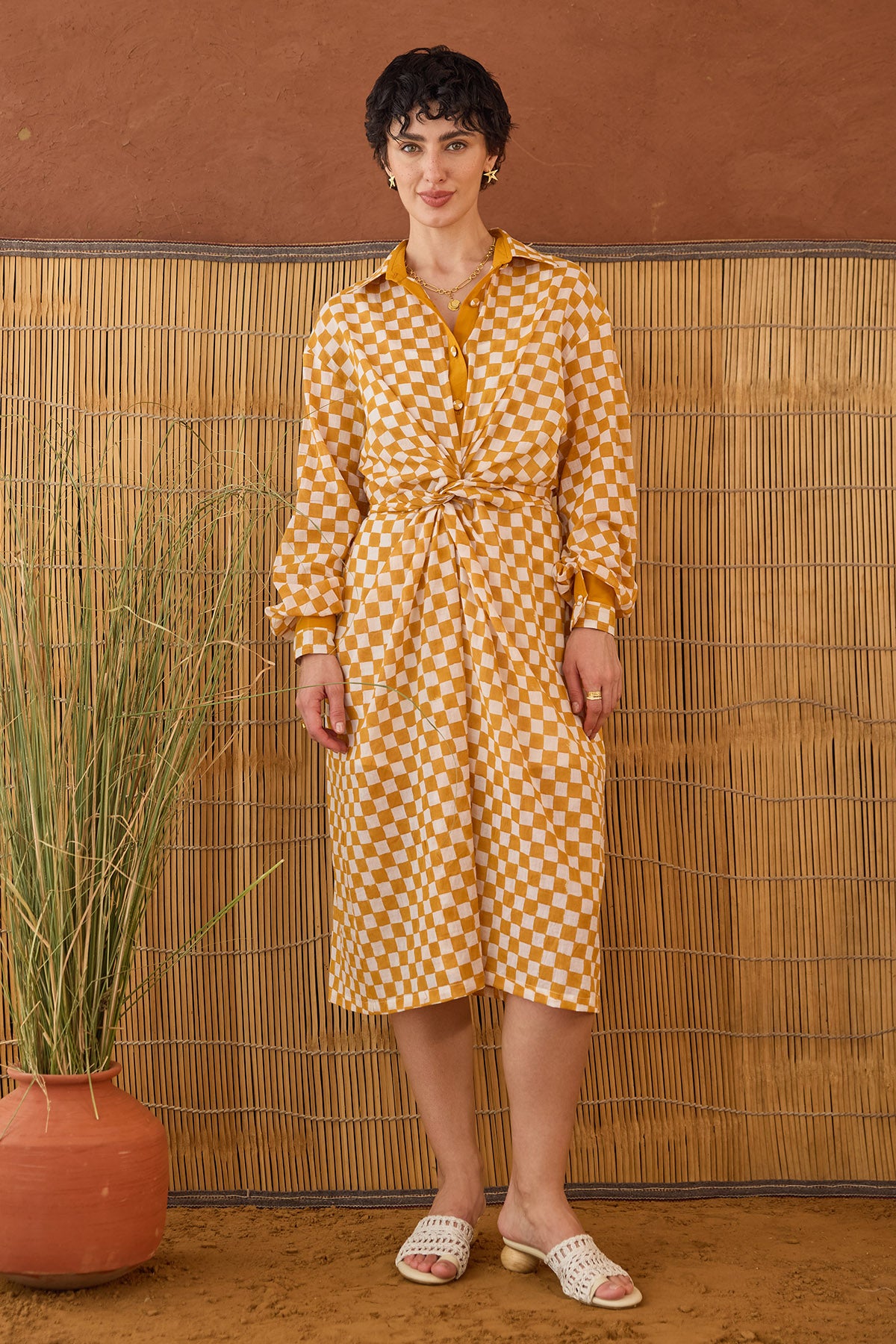 Orange Checks Printed Midi Dress