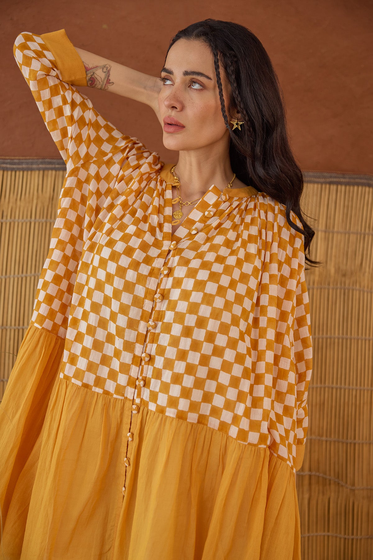 Orange Checks Printed Mini Dress