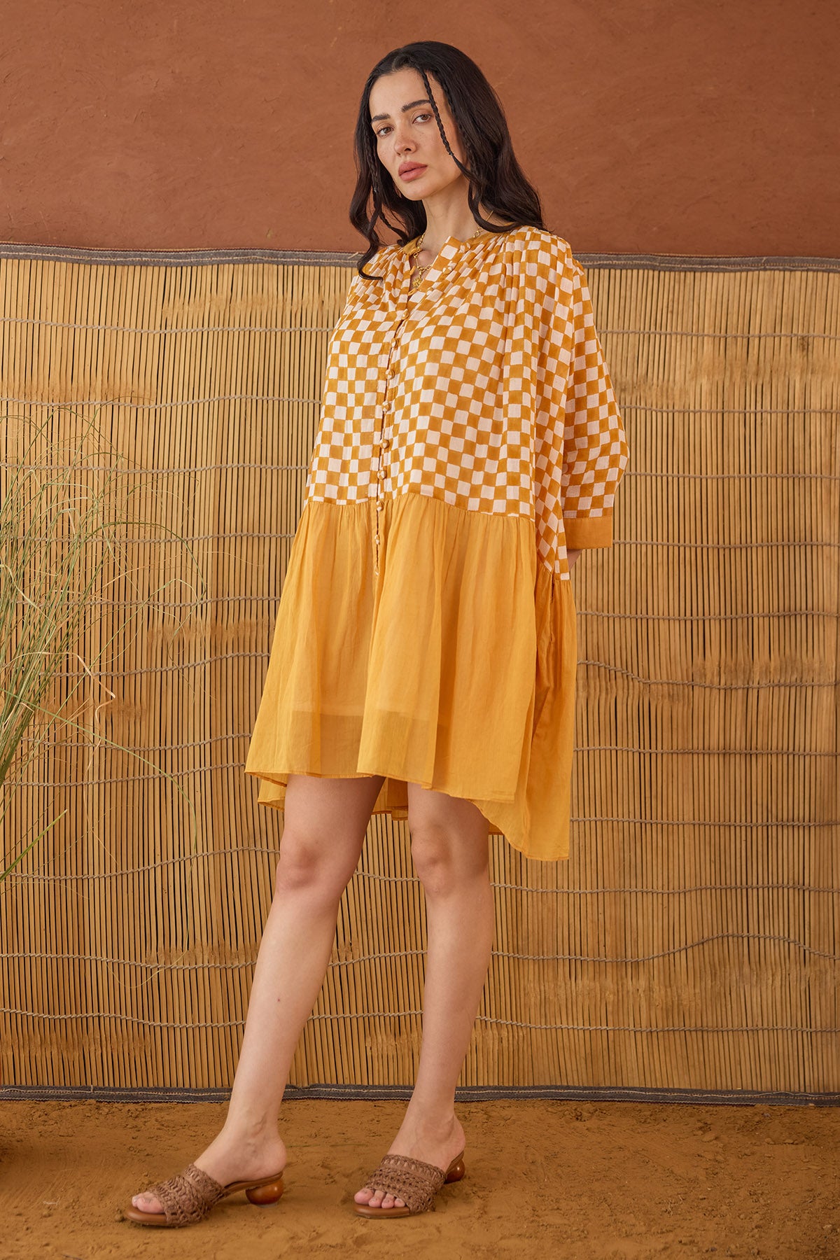 Orange Checks Printed Mini Dress