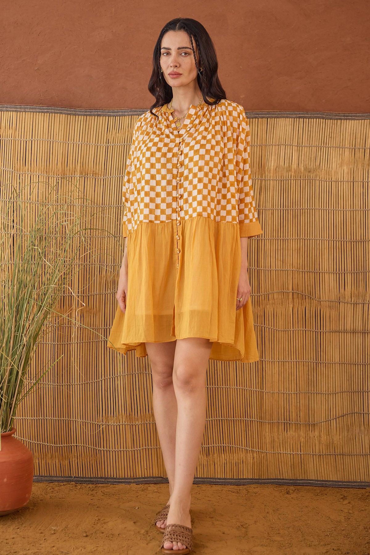 Buy Orange Checks Printed Mini Dress by Taro India for women online at ScrollnShops