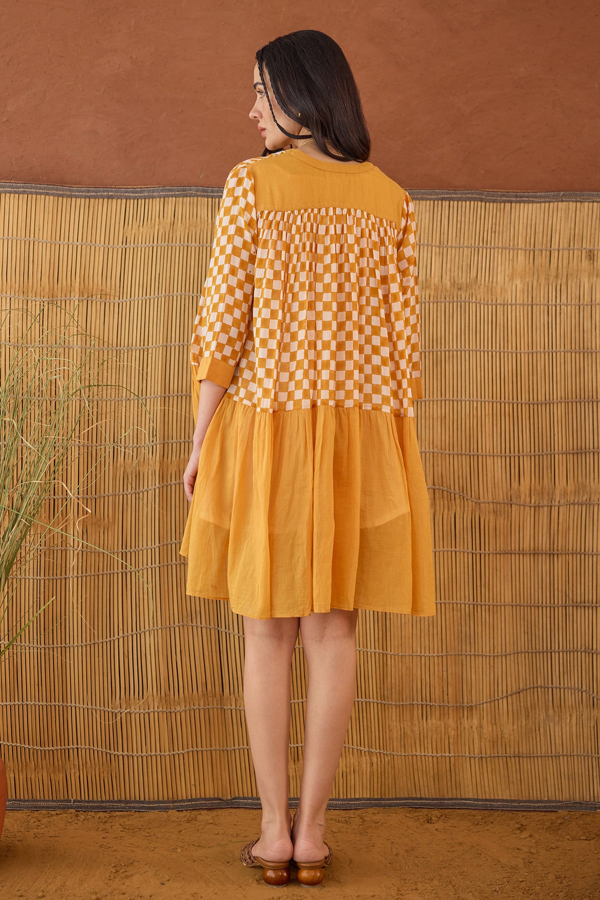 Orange Checks Printed Mini Dress