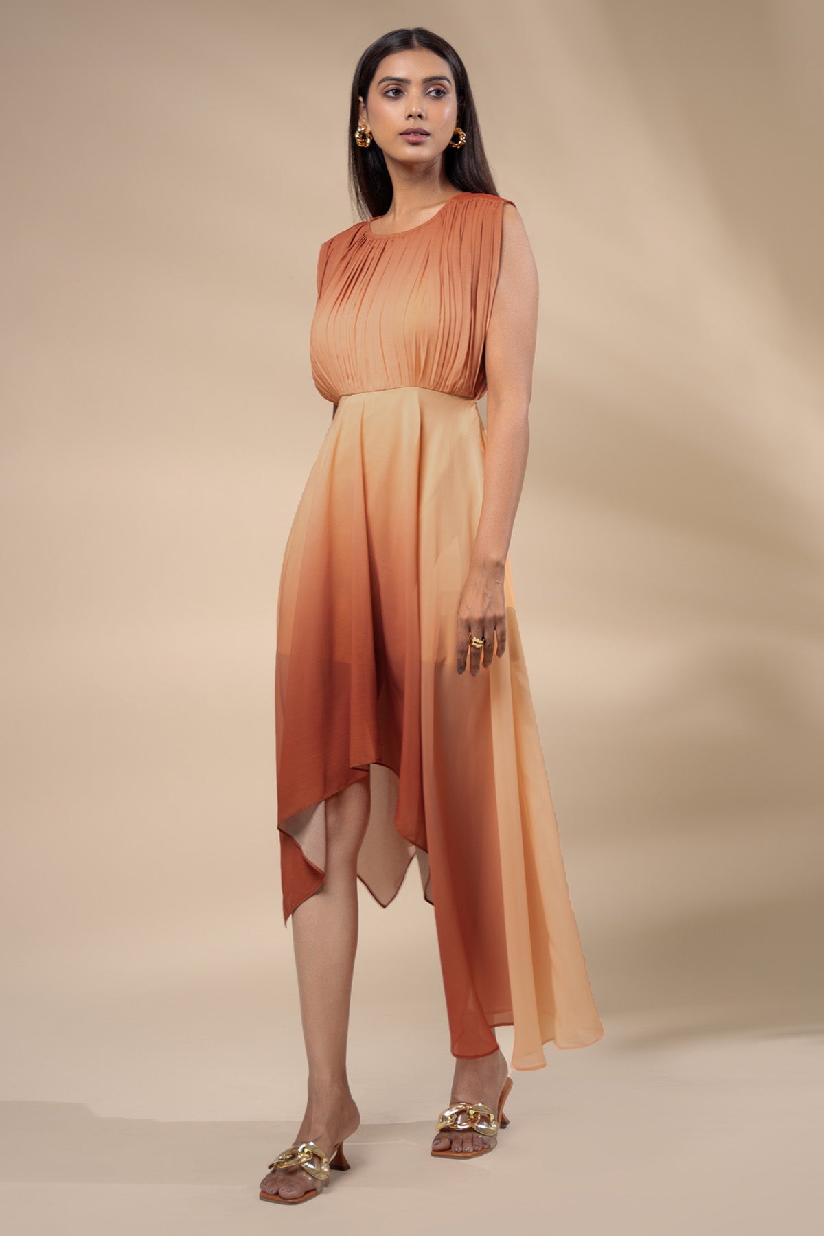 The Decem Ally Orange Chiffon Asymmetric Dress for Women online available at scrollnshops