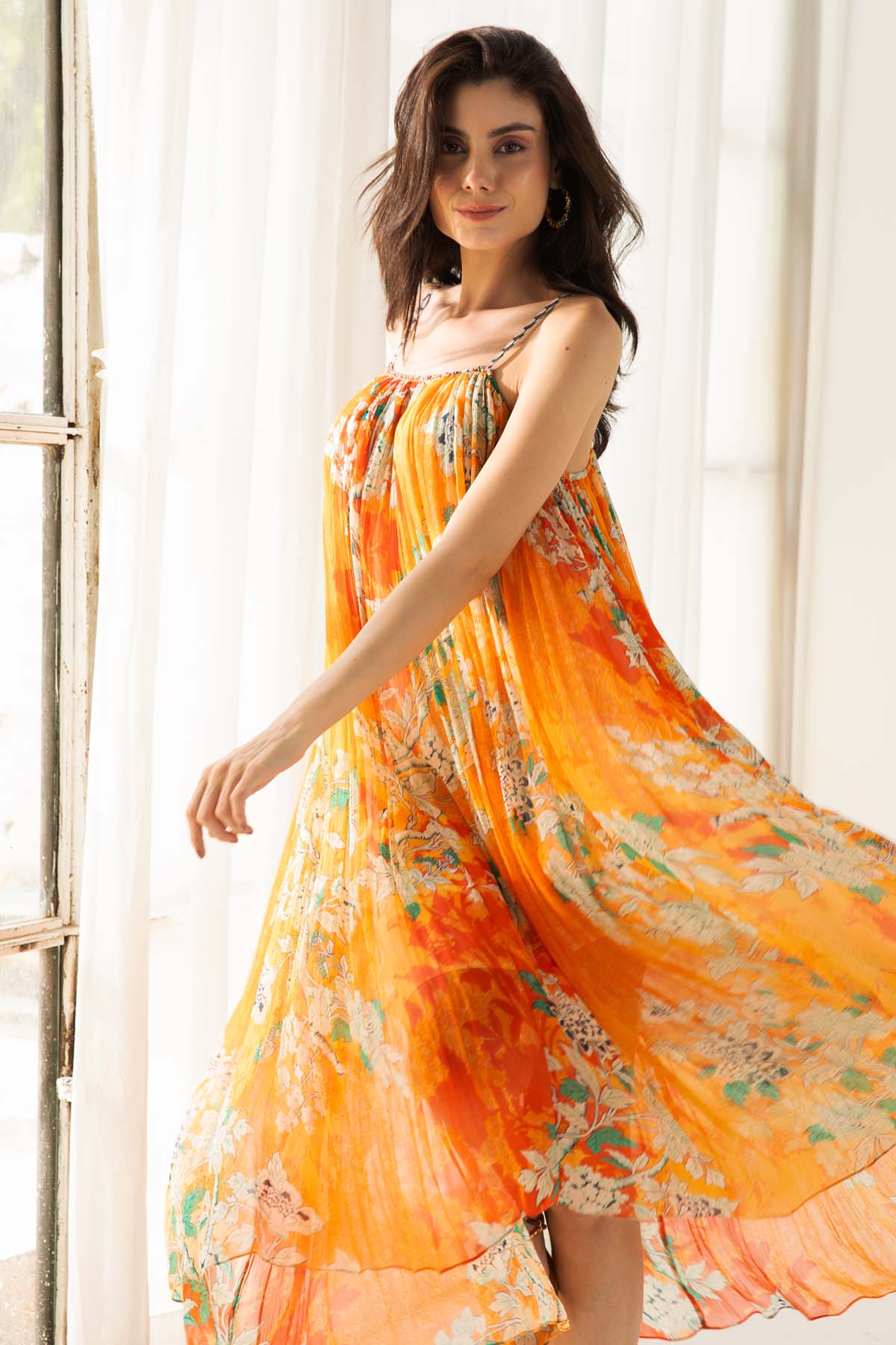 Orange Chiffon Cami Midi Dress