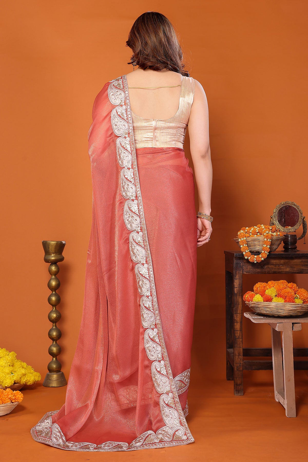Orange Chiffon Embroidery Saree