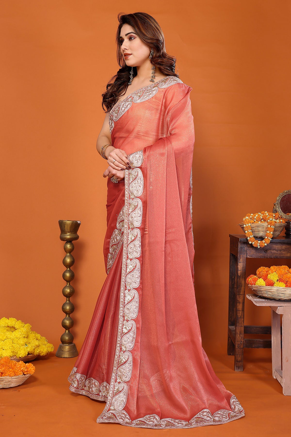 Orange Chiffon Embroidery Saree