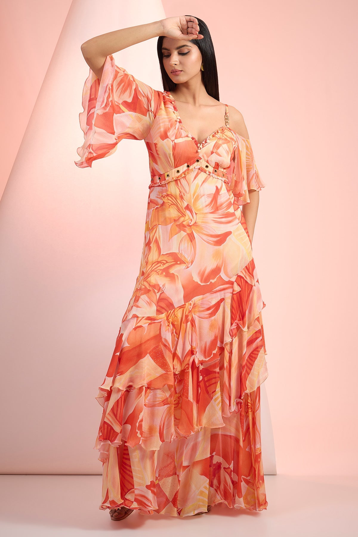 Buy Orange Chiffon Layered Dress by Mandira Wirk for Women online at ScrollnShops