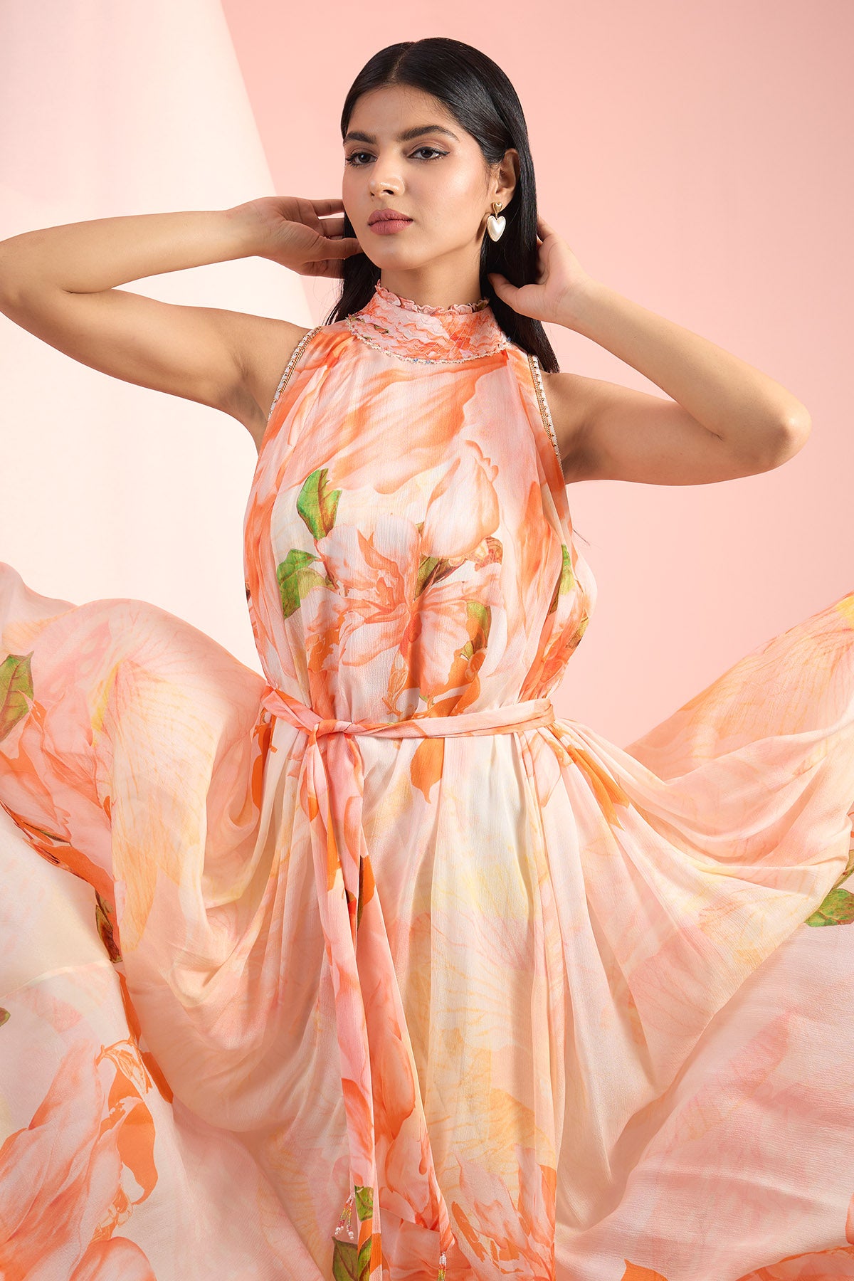 Orange Chiffon Pintuck Dress