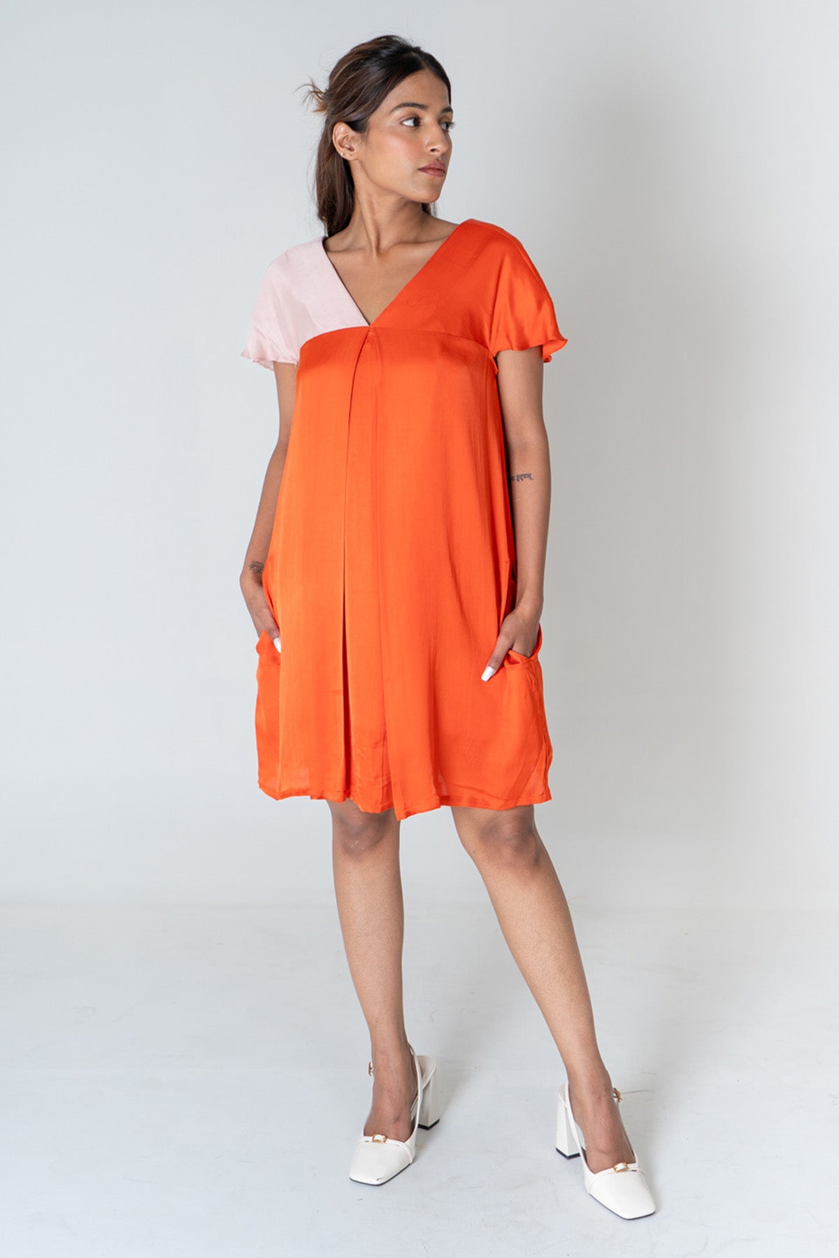 Buy Neora by Nehal ChopraOrange Colorblock V-Neck Dress for Women Online