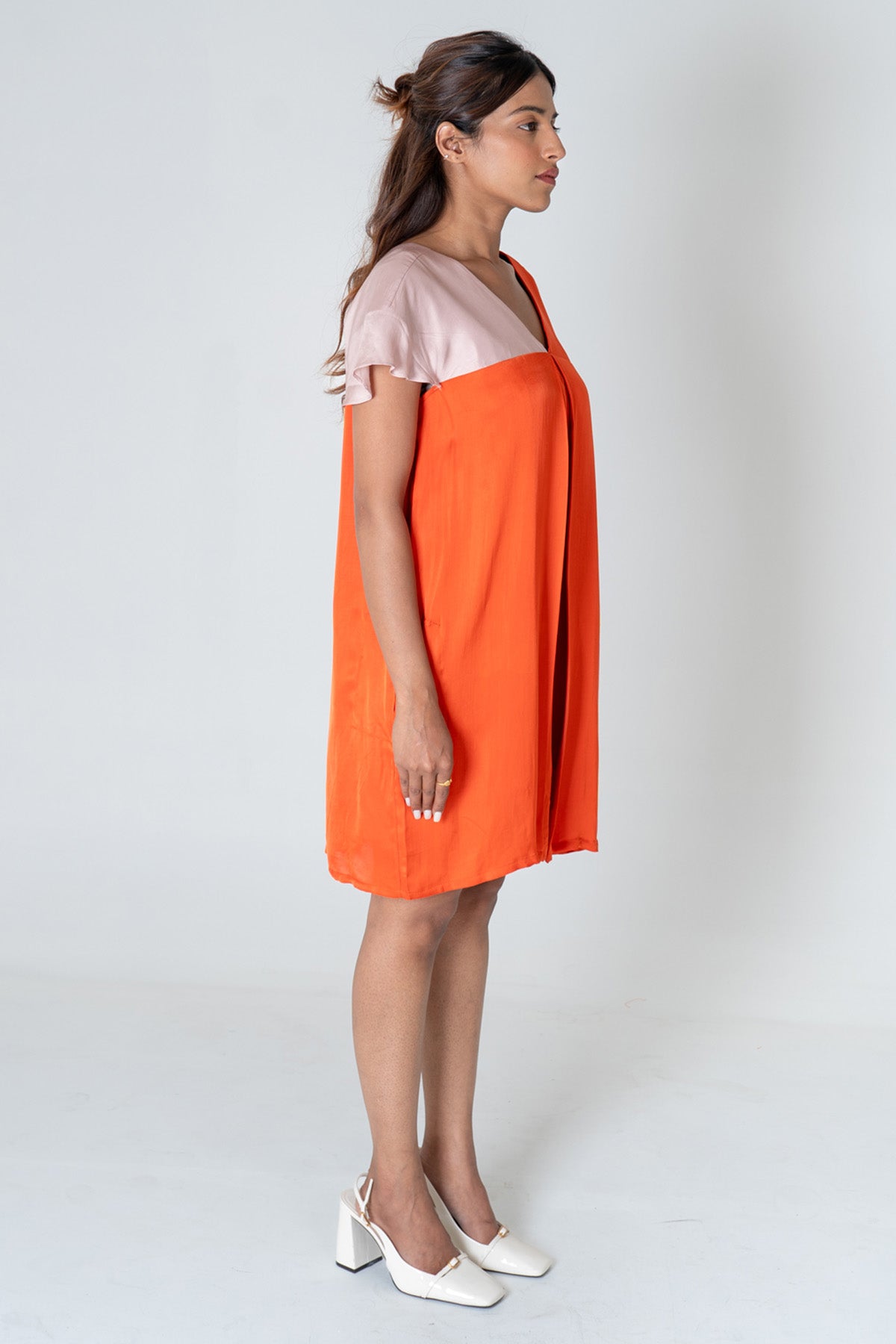 Orange Colorblock V-Neck Dress