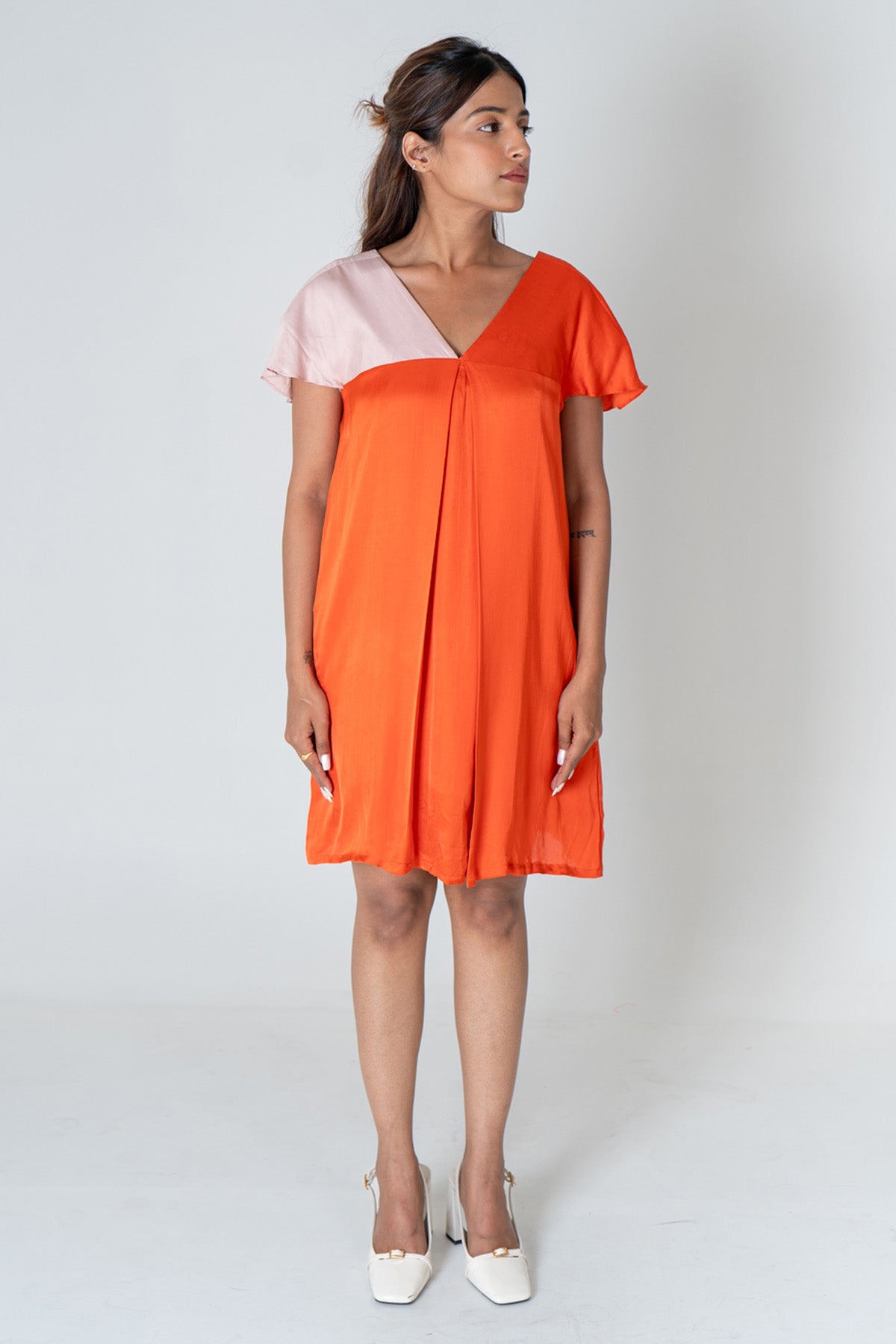 Neora by Nehal Chopra Orange Colorblock V-Neck Dress for women online at ScrollnShops