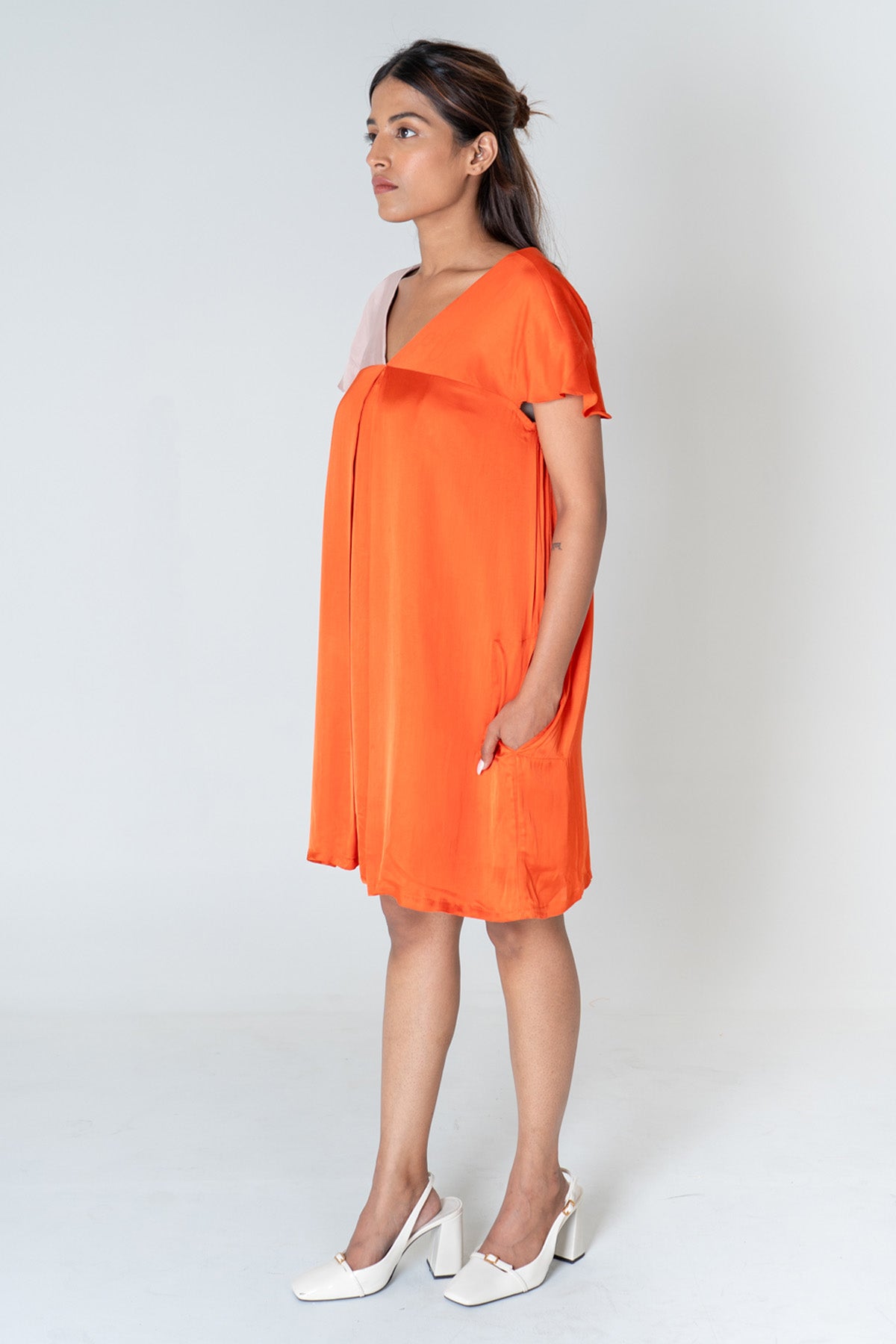 Orange Colorblock V-Neck Dress