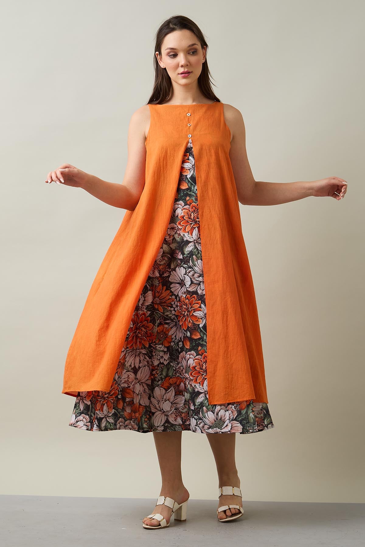 Orange Cotton Front Open Dress