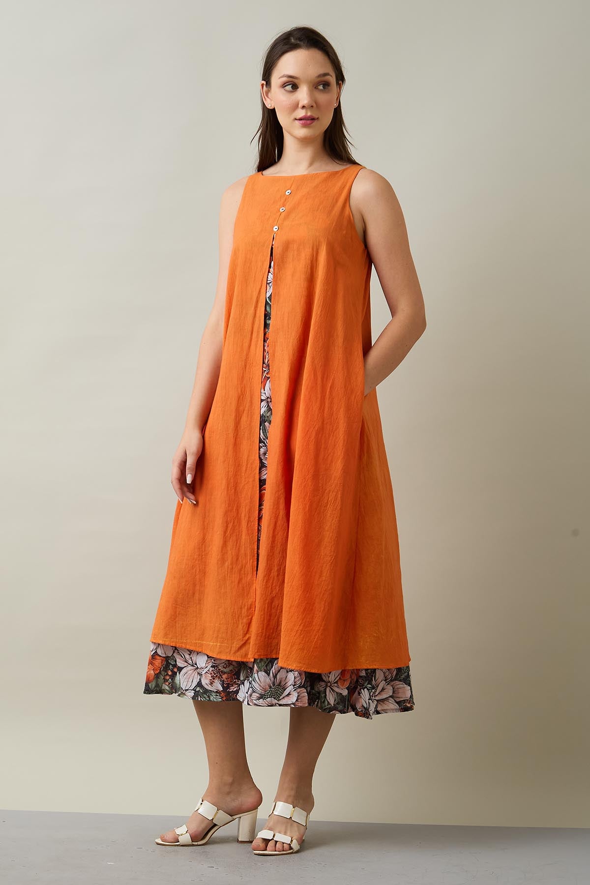 Orange Cotton Front Open Dress